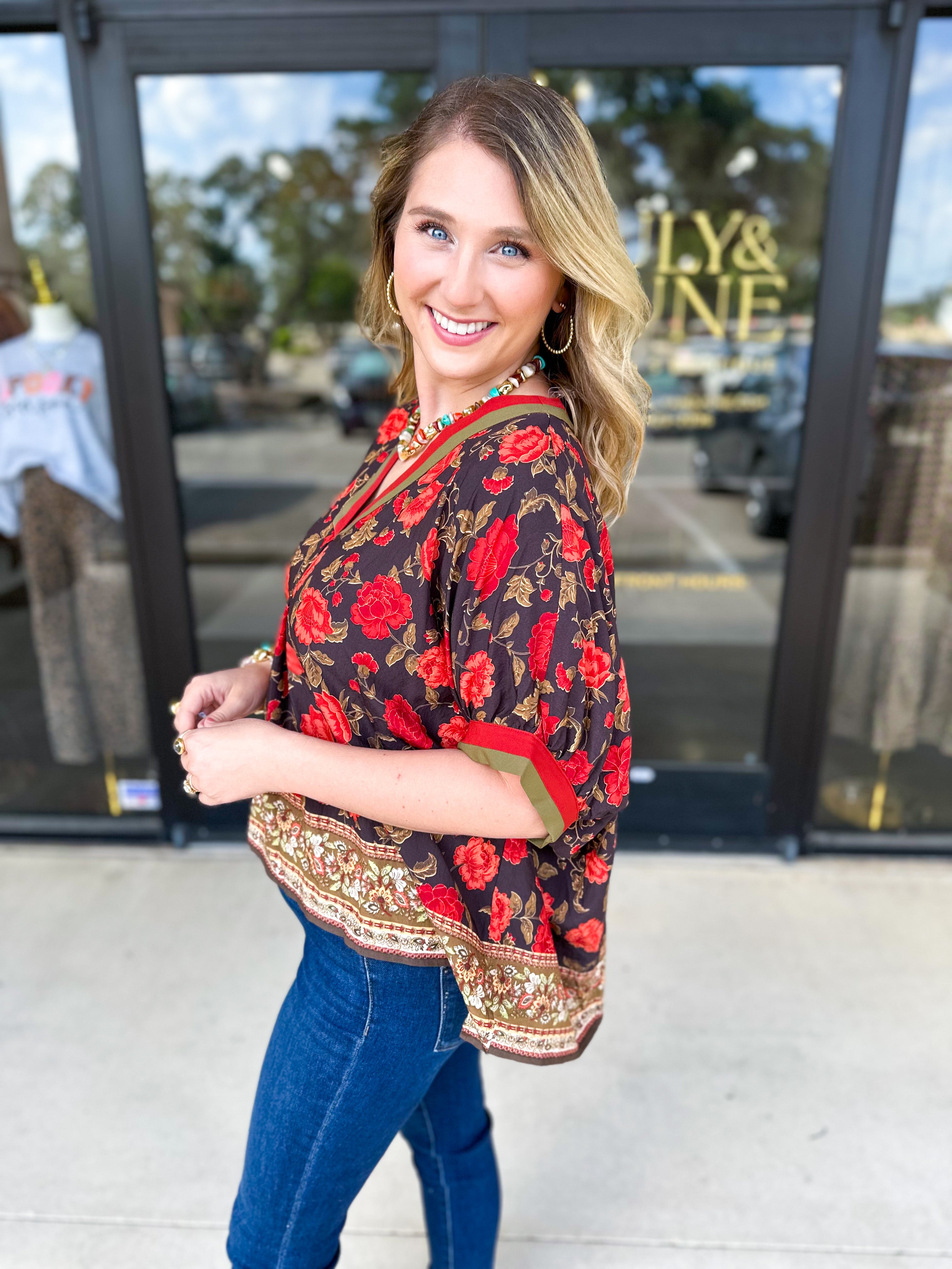 Fall Garden Blouse - Black-200 Fashion Blouses-ENTRO-July & June Women's Fashion Boutique Located in San Antonio, Texas