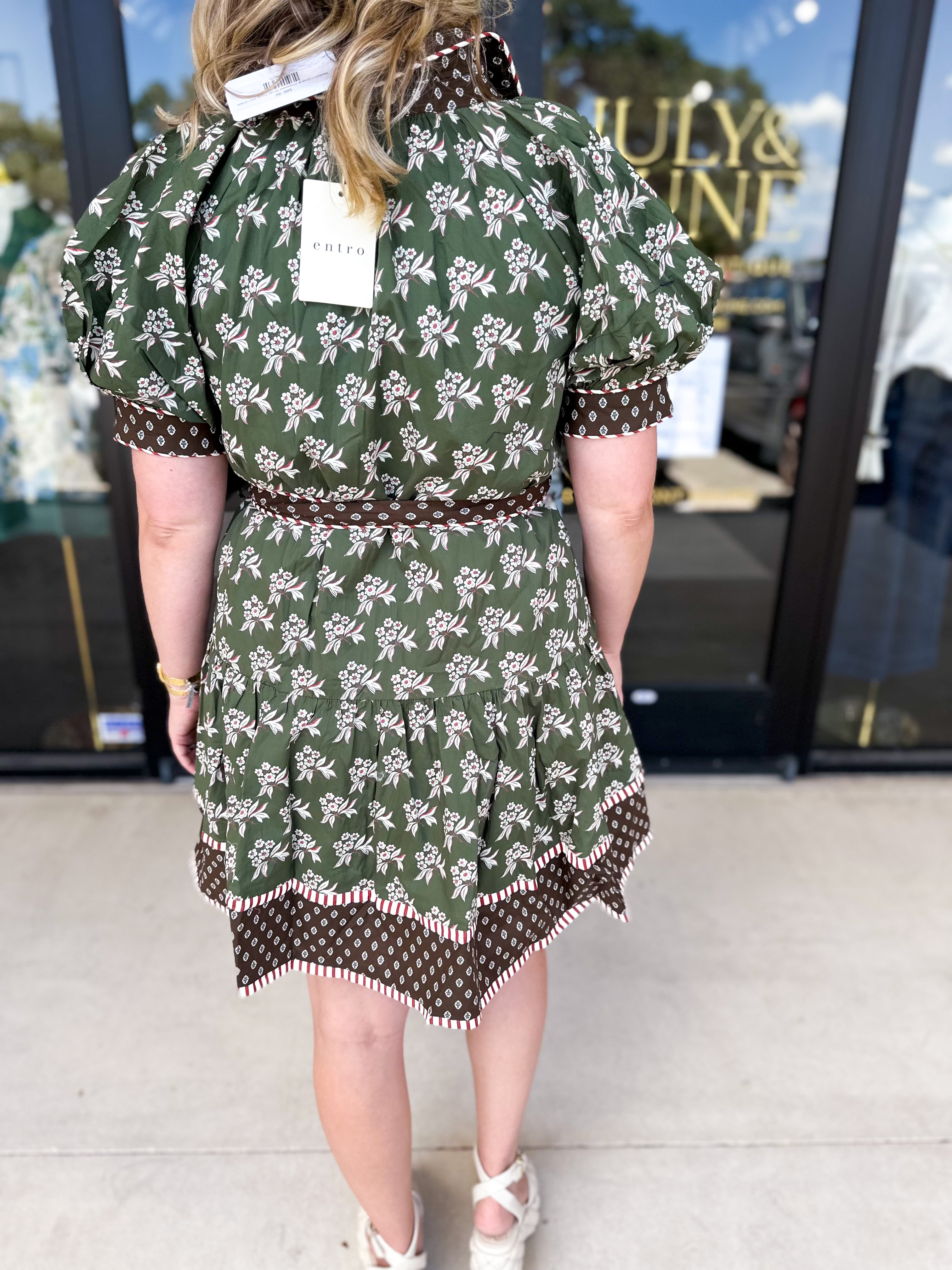 Olive & Chocolate Brown Floral Mini Dress-510 Mini-ENTRO-July & June Women's Fashion Boutique Located in San Antonio, Texas