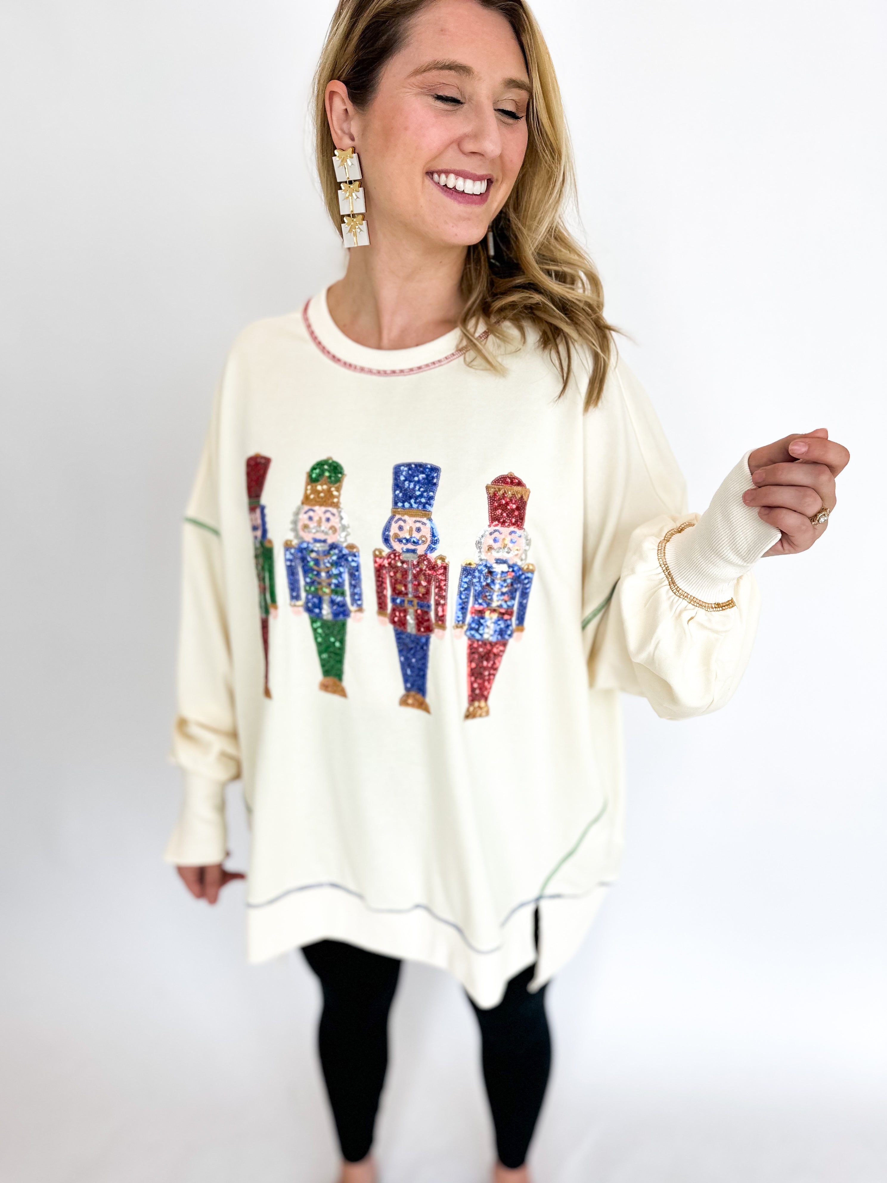 Nutcracker Oversized Long Sleeve Top-210 Casual Blouses-FANTASTIC FAWN-July & June Women's Fashion Boutique Located in San Antonio, Texas