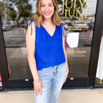 Elevated Shoulder Tie Tank- Cobalt Blue-200 Fashion Blouses-SKIES ARE BLUE-July & June Women's Fashion Boutique Located in San Antonio, Texas