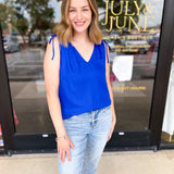 Elevated Shoulder Tie Tank- Cobalt Blue-200 Fashion Blouses-SKIES ARE BLUE-July & June Women's Fashion Boutique Located in San Antonio, Texas