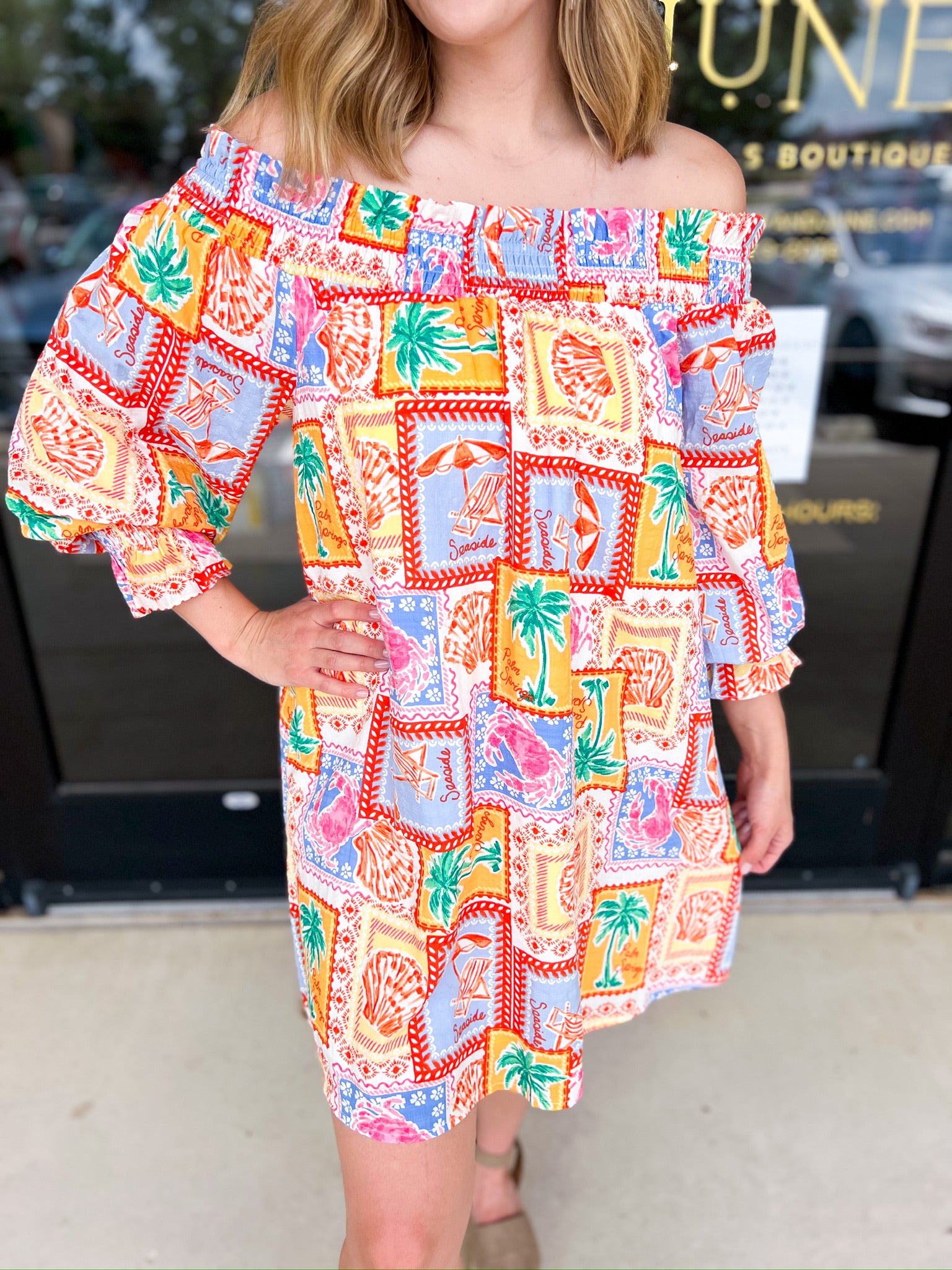 Off The Shoulder Paradise Mini Dress-510 Mini-FATE-July & June Women's Fashion Boutique Located in San Antonio, Texas