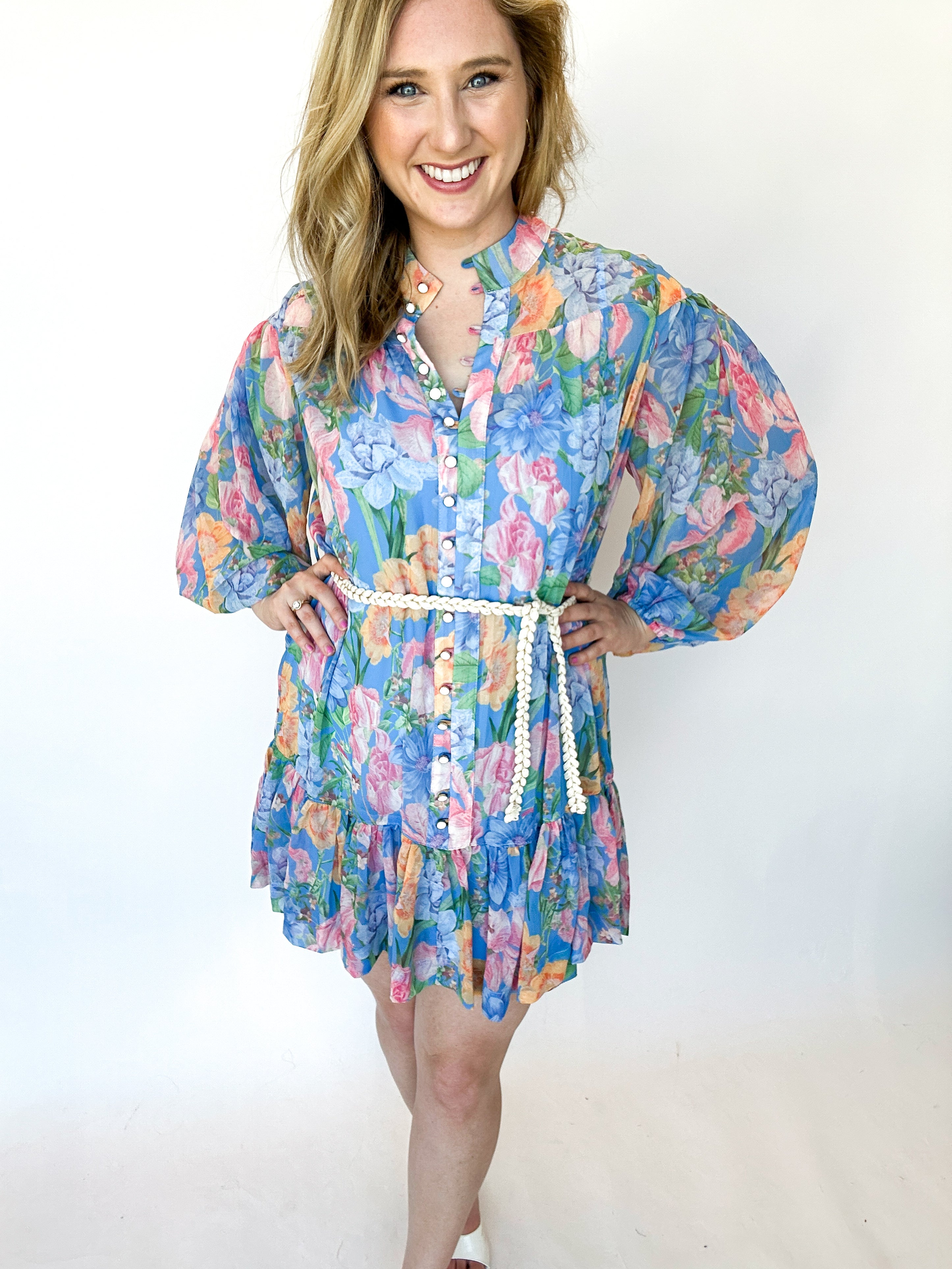 Blue Floral Belted Mini Dress-510 Mini-OLIVACEOUS-July & June Women's Fashion Boutique Located in San Antonio, Texas