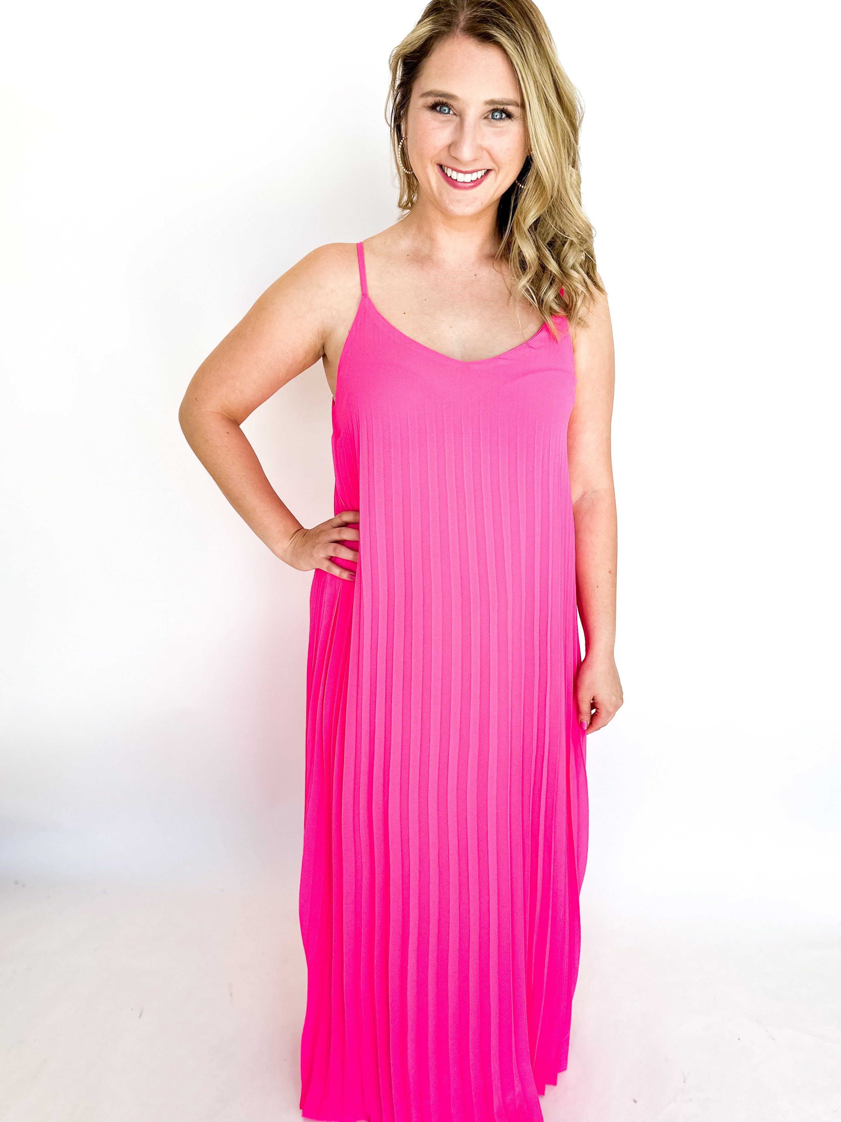 Pleated Maxi Dress - Pink-500 Midi-SKIES ARE BLUE-July & June Women's Fashion Boutique Located in San Antonio, Texas
