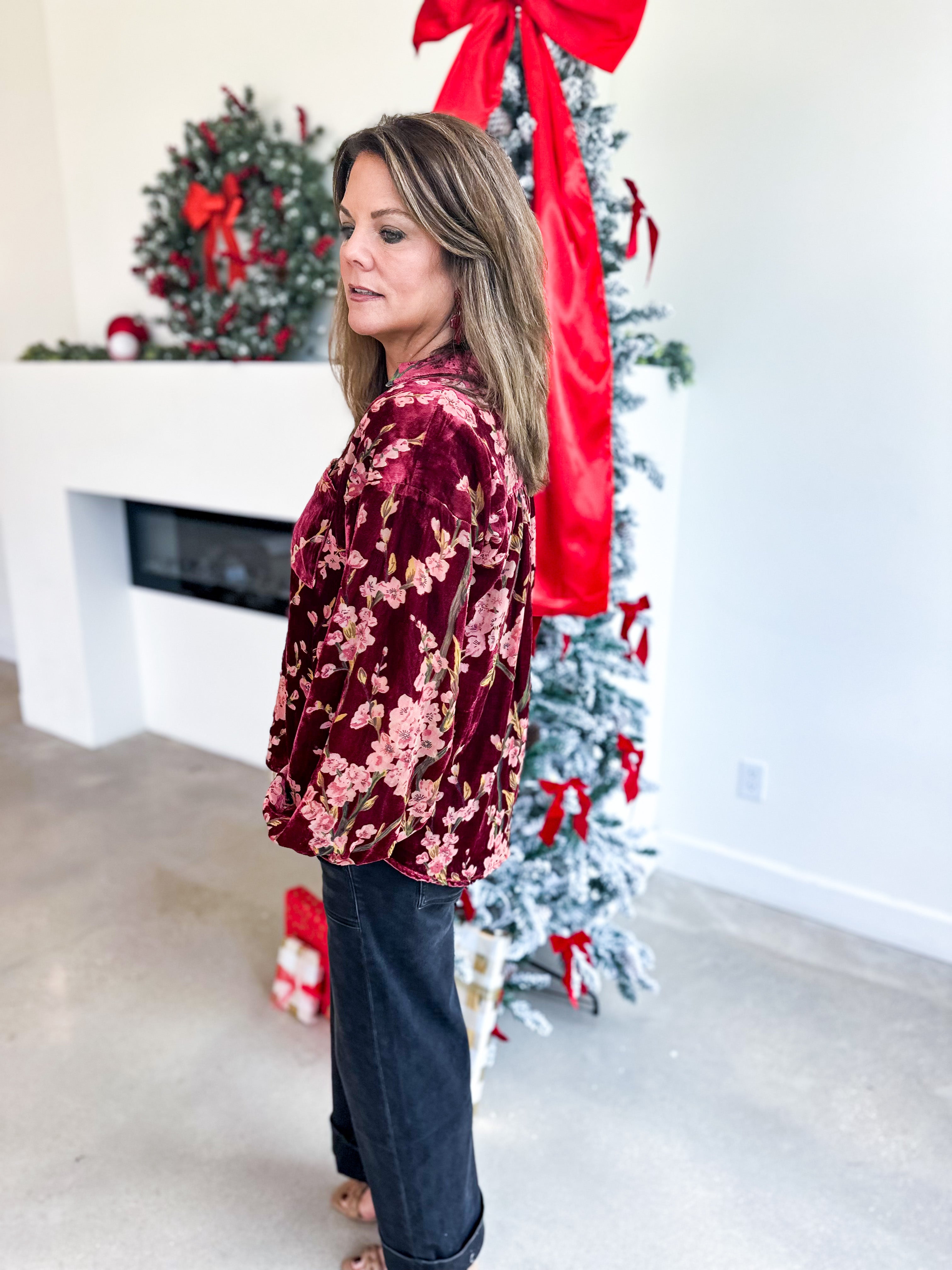 Velvet Floral Blouse - Burgundy-200 Fashion Blouses-JODIFL-July & June Women's Fashion Boutique Located in San Antonio, Texas