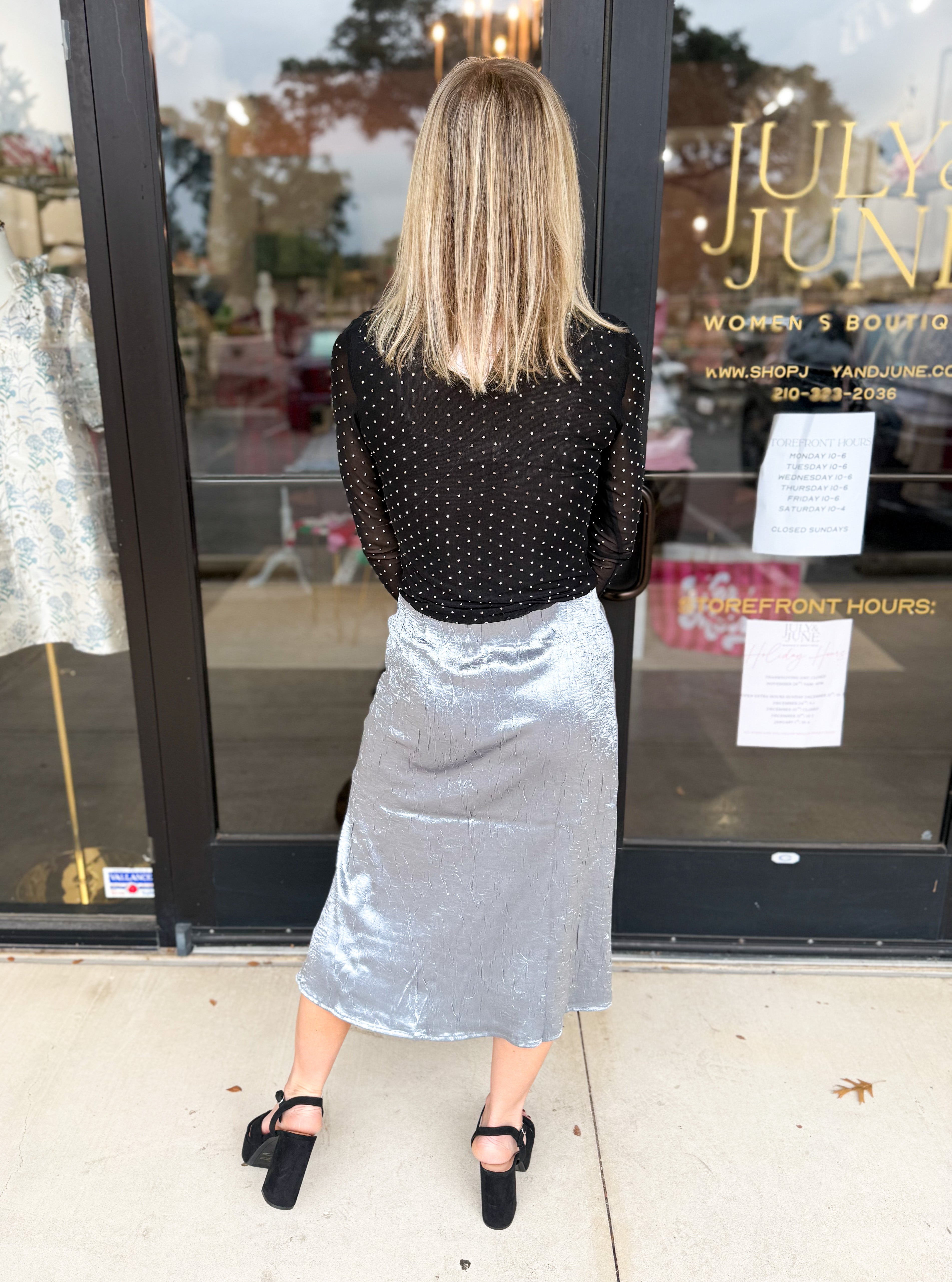 Steel Satin Skirt-410 Shorts/Skirts-ALLIE ROSE-July & June Women's Fashion Boutique Located in San Antonio, Texas