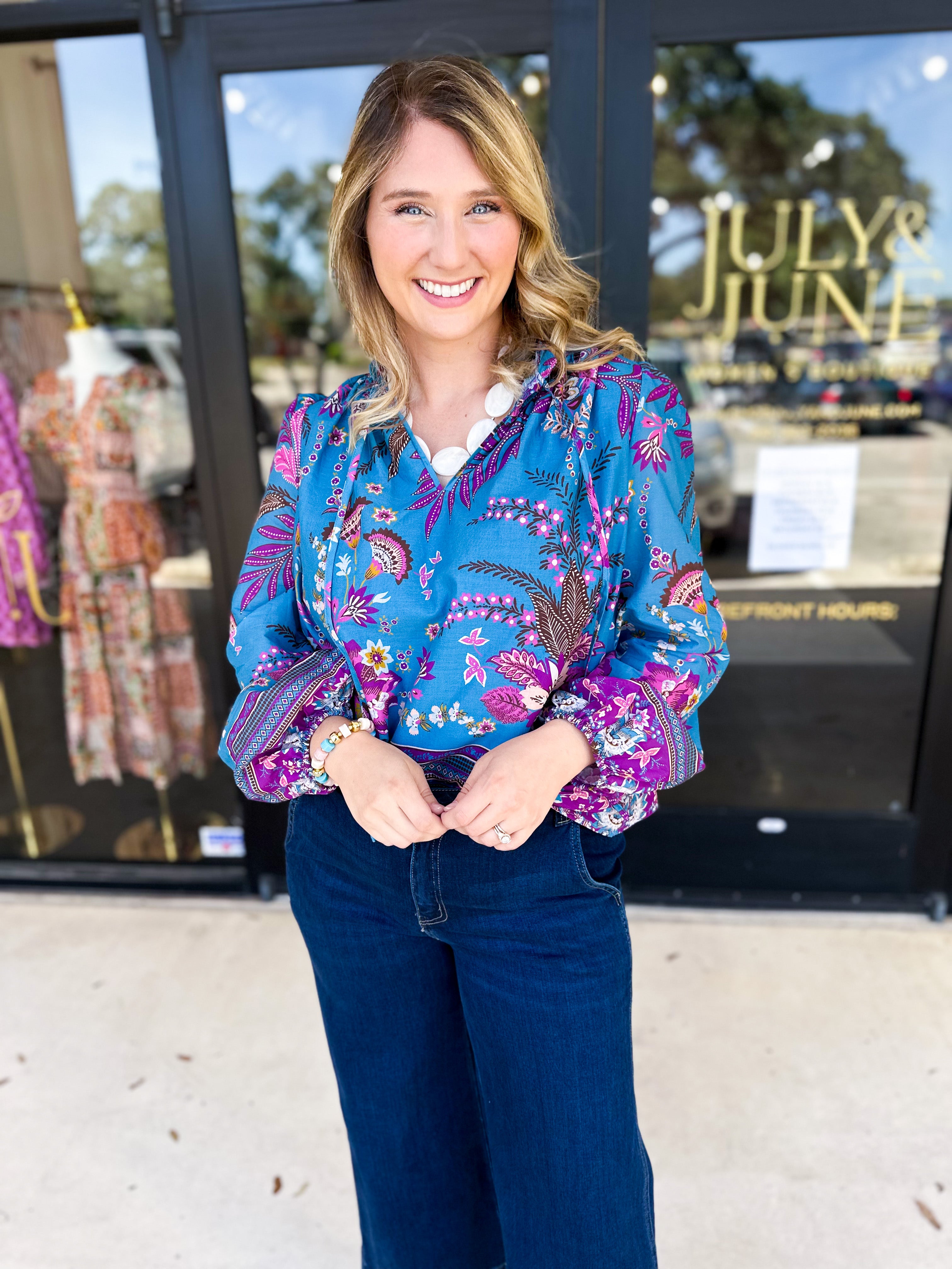 Teal & Lavender Blouse-200 Fashion Blouses-FATE-July & June Women's Fashion Boutique Located in San Antonio, Texas
