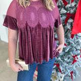Lace Details Velvet Blouse - Pink-200 Fashion Blouses-FATE-July & June Women's Fashion Boutique Located in San Antonio, Texas