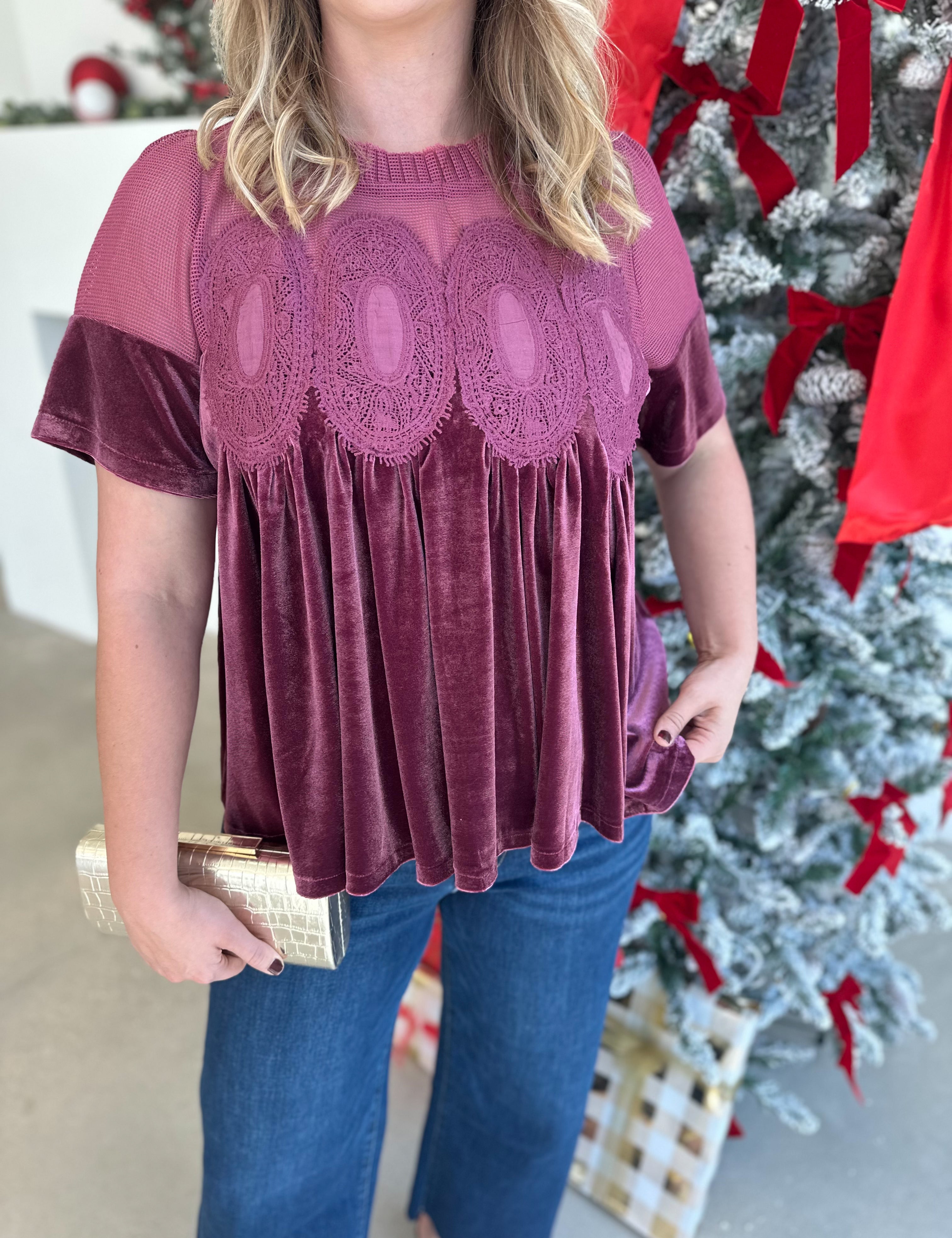 Lace Details Velvet Blouse - Pink-200 Fashion Blouses-FATE-July & June Women's Fashion Boutique Located in San Antonio, Texas