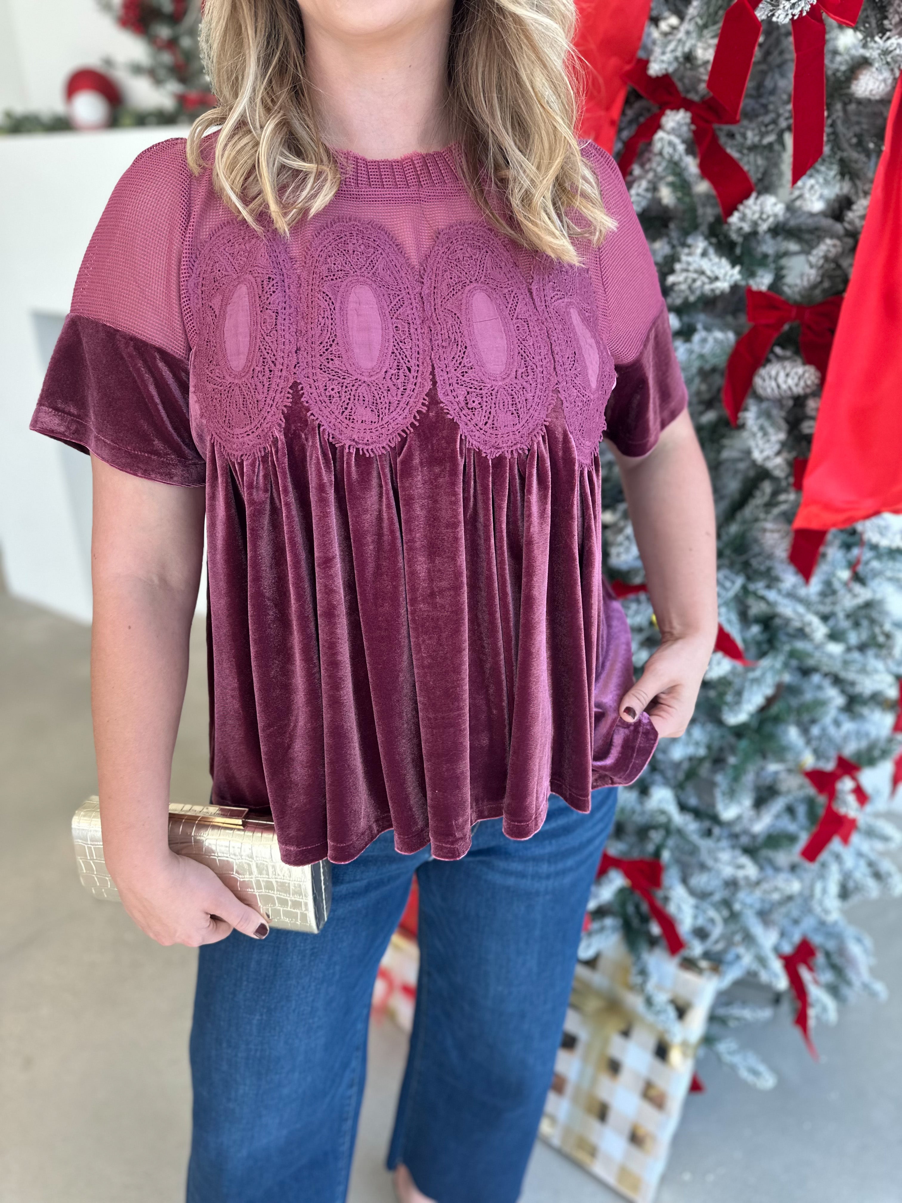 Lace Details Velvet Blouse - Pink-200 Fashion Blouses-FATE-July & June Women's Fashion Boutique Located in San Antonio, Texas