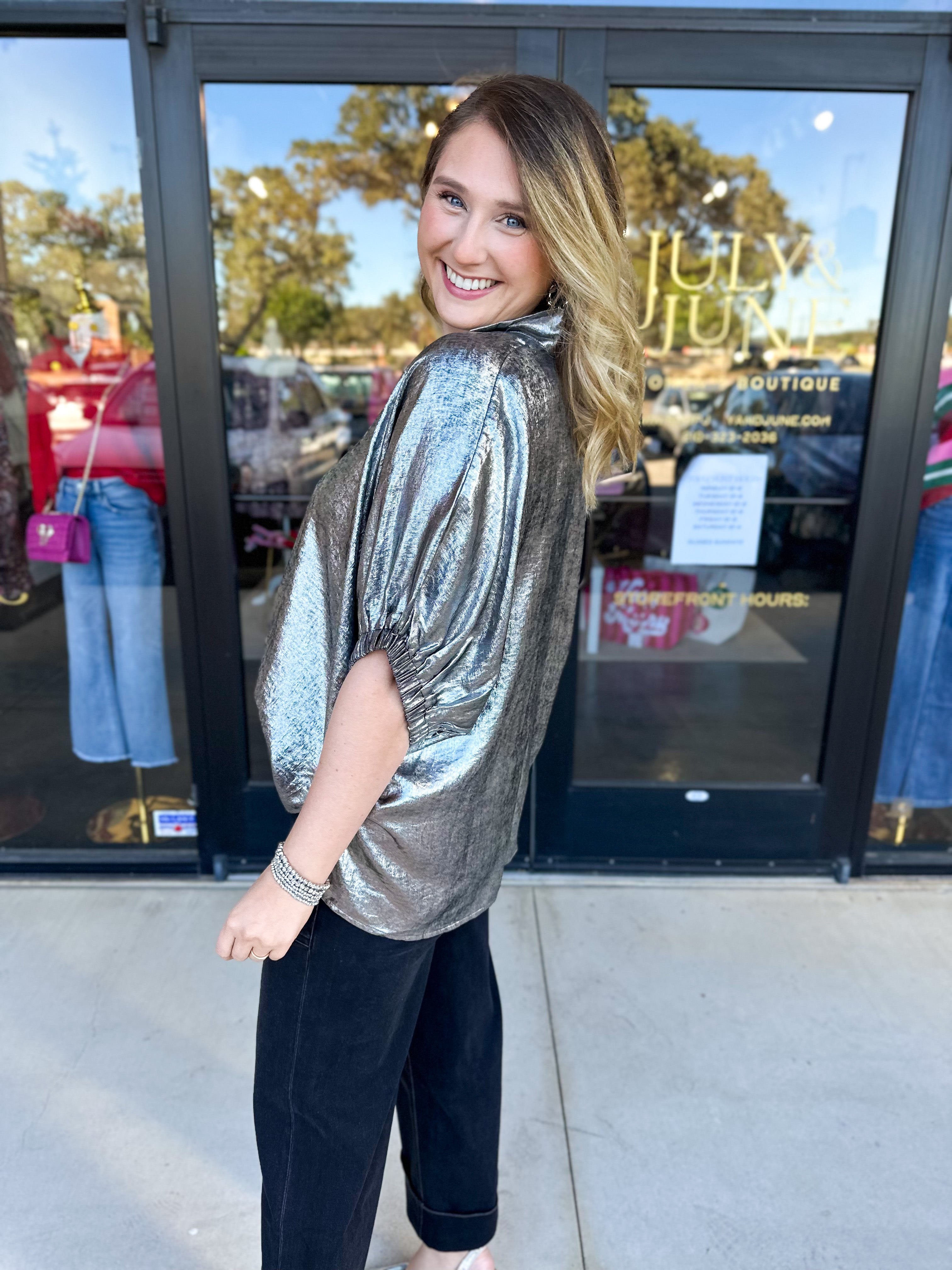 Celebration Blouse - Chrome-200 Fashion Blouses-ENTRO-July & June Women's Fashion Boutique Located in San Antonio, Texas