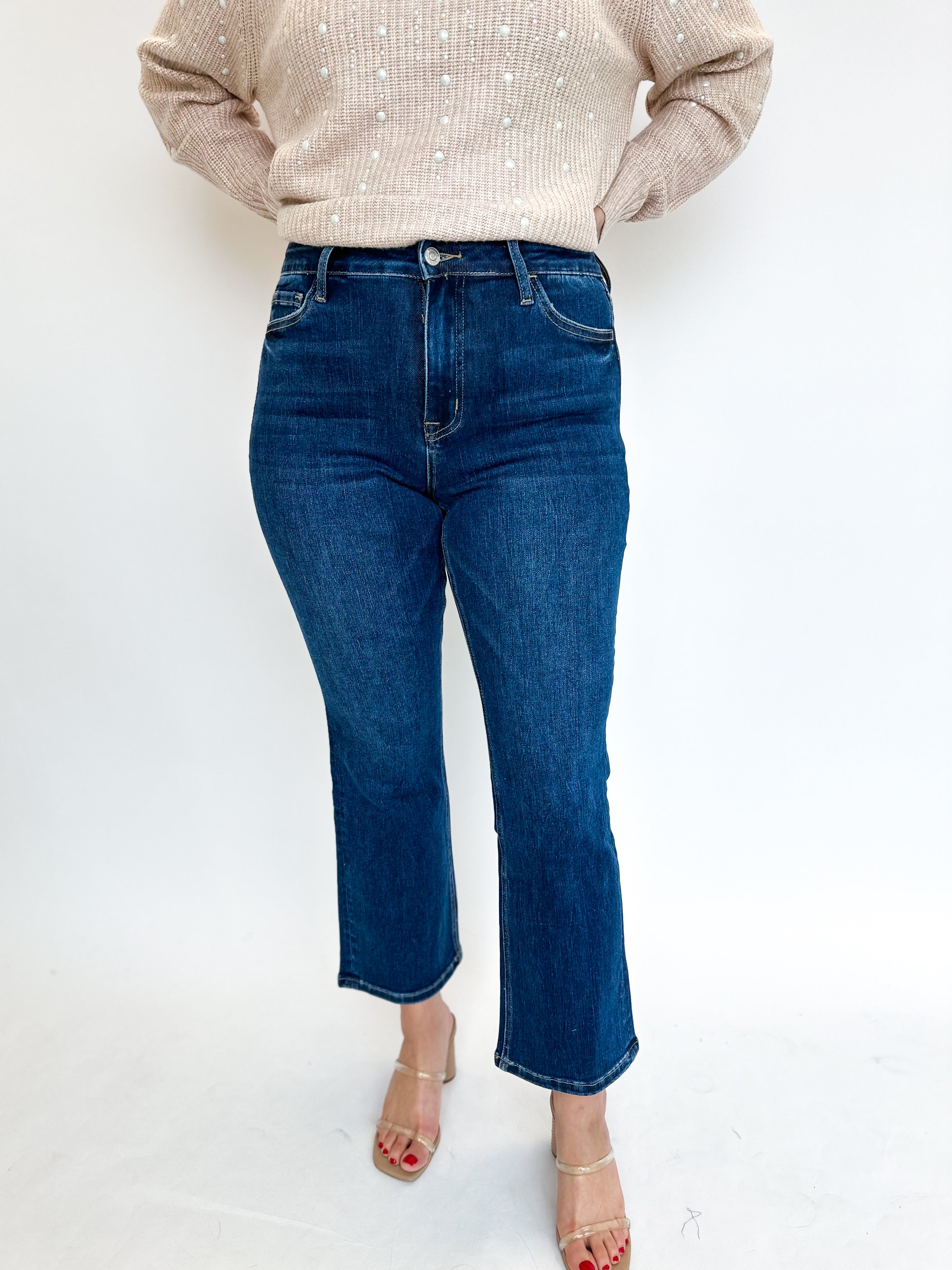 Vervet Dark Wash High Rise Kick Flare Jeans-400 Pants-VEVERT BY FLYING MONKEY-July & June Women's Fashion Boutique Located in San Antonio, Texas