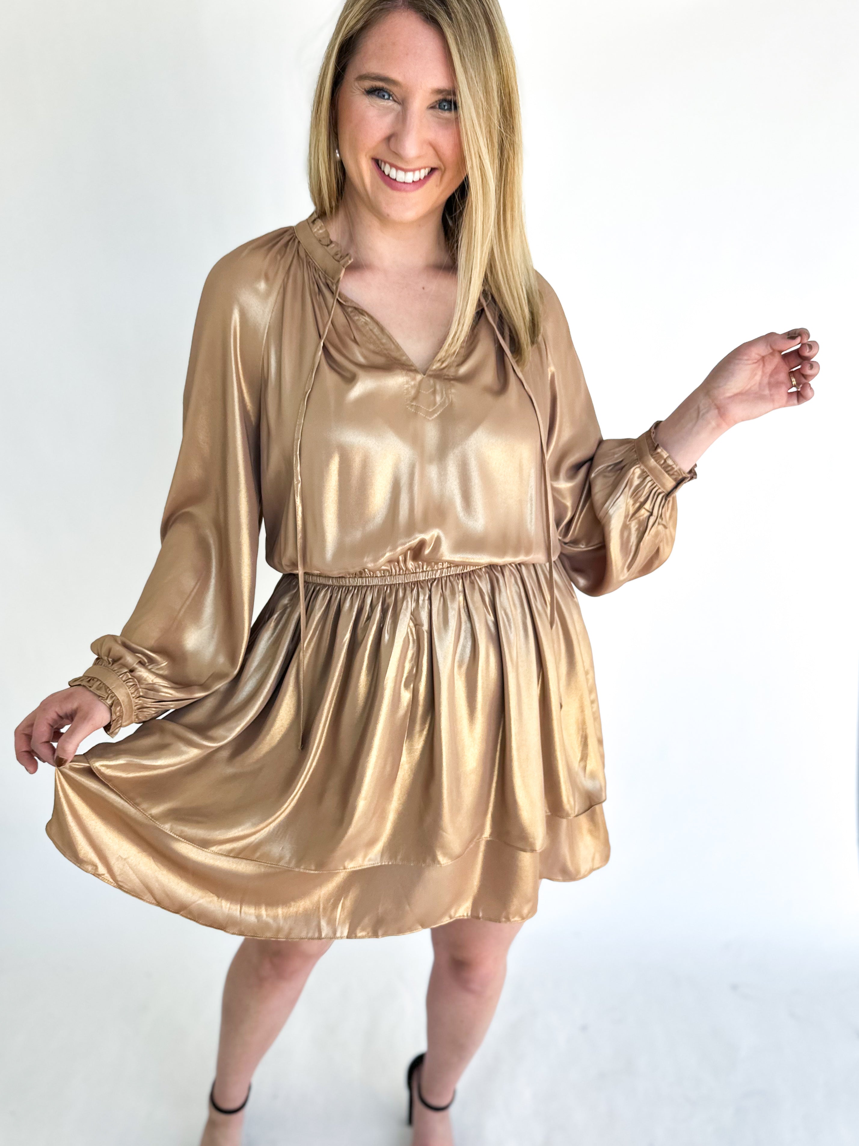 All That Glitters Is Gold Mini Dress-510 Mini-CURRENT AIR CLOTHING-July & June Women's Fashion Boutique Located in San Antonio, Texas