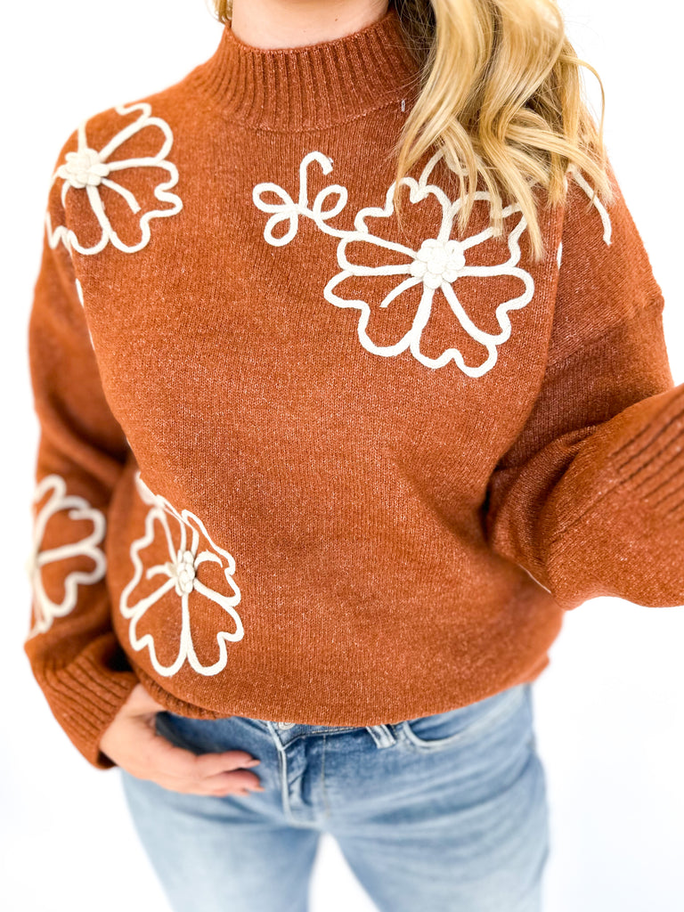 Floral Stitched Mock Neck Sweater- Ginger-230 Sweaters/Cardis-ENTRO-July & June Women's Fashion Boutique Located in San Antonio, Texas