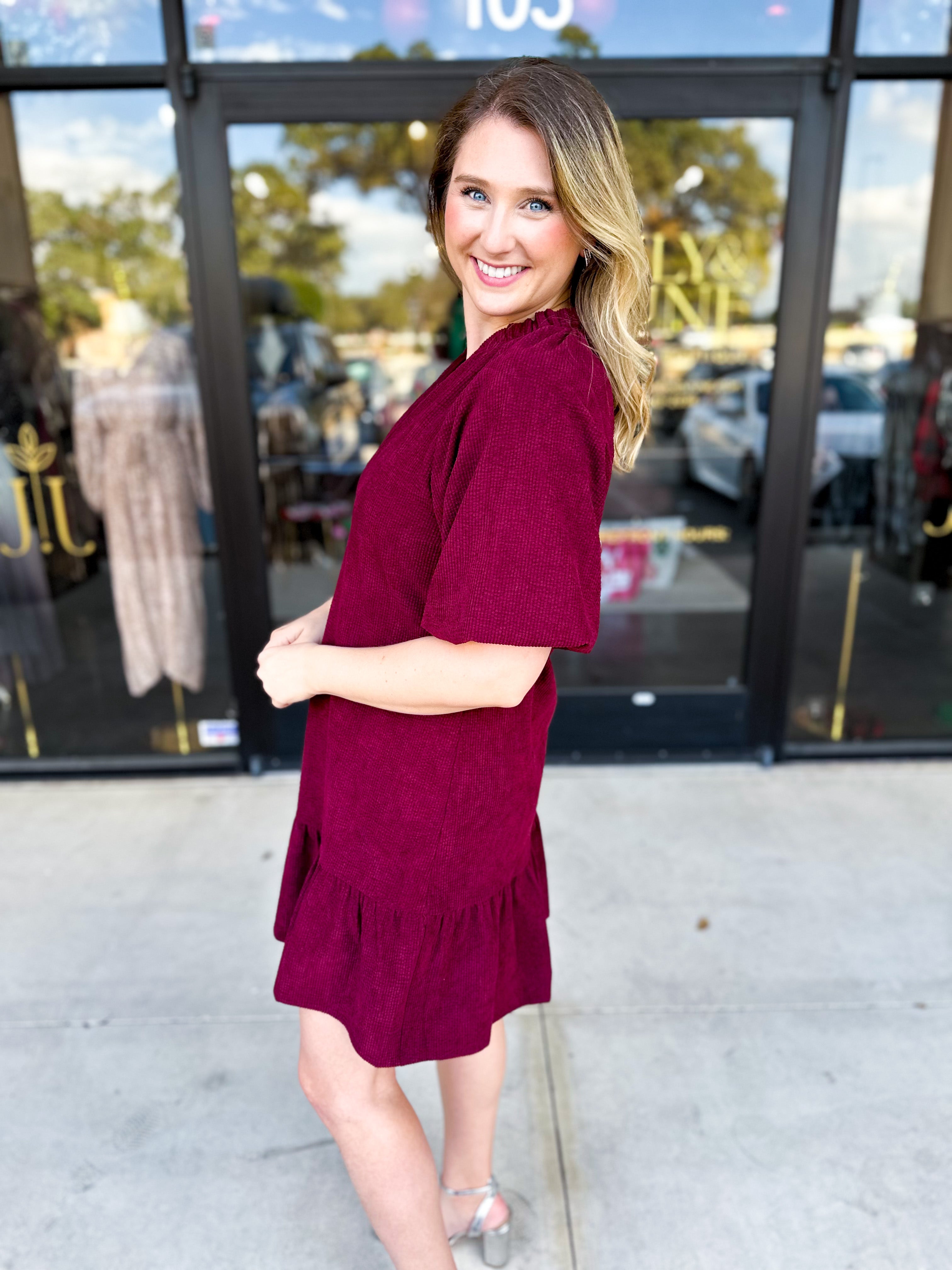 THML- Maroon Corduroy Mini Dress-510 Mini-THML-July & June Women's Fashion Boutique Located in San Antonio, Texas