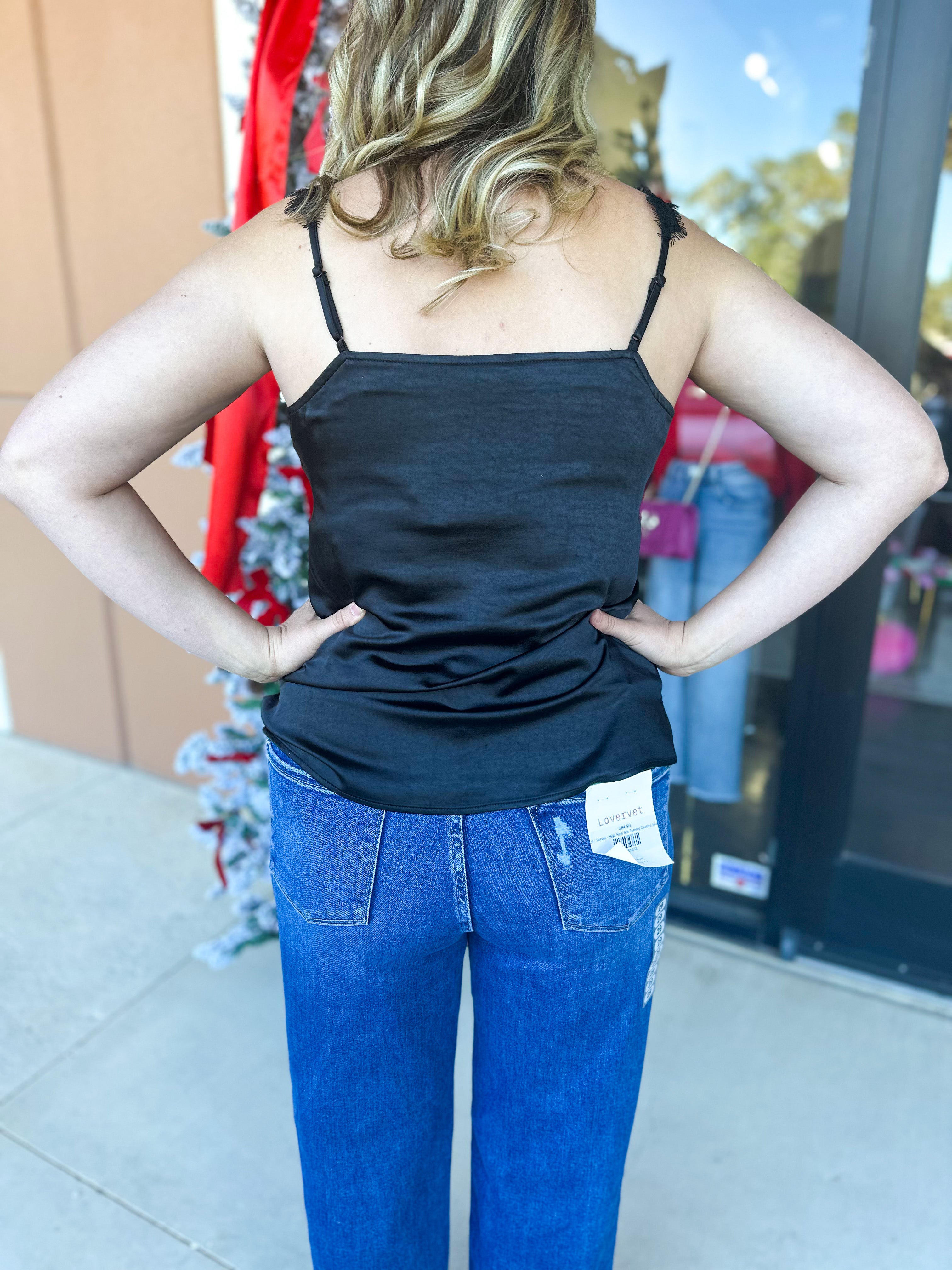 Satin Chic Cami - Black-200 Fashion Blouses-SKIES ARE BLUE-July & June Women's Fashion Boutique Located in San Antonio, Texas