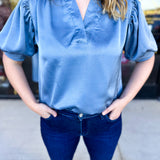 Pink Friday Doorbuster - Puff Sleeve Satin Blouse - Slate - IN STORE-PINK FRIDAY DOORBUSTERS-GLAM-July & June Women's Fashion Boutique Located in San Antonio, Texas