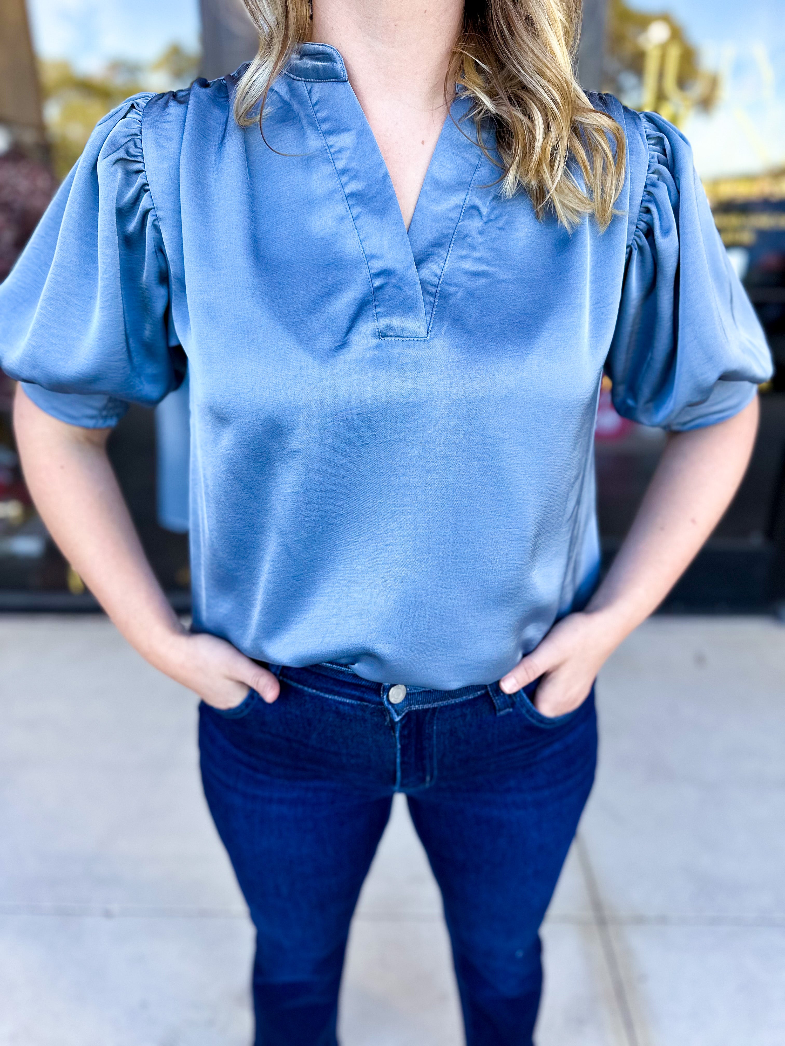 Pink Friday Doorbuster - Puff Sleeve Satin Blouse - Slate - IN STORE-PINK FRIDAY DOORBUSTERS-GLAM-July & June Women's Fashion Boutique Located in San Antonio, Texas