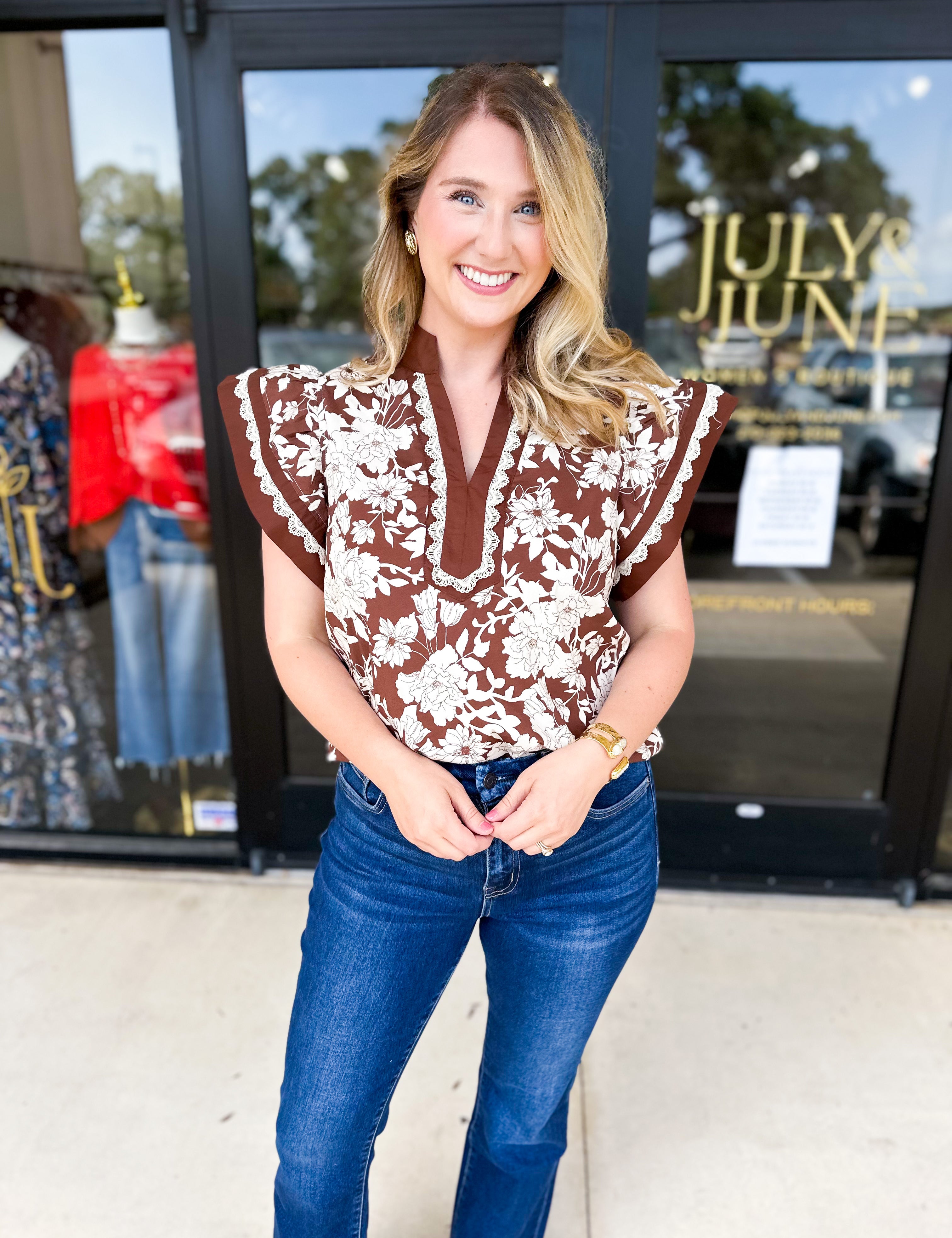 Mocha Floral Blouse-200 Fashion Blouses-ENTRO-July & June Women's Fashion Boutique Located in San Antonio, Texas