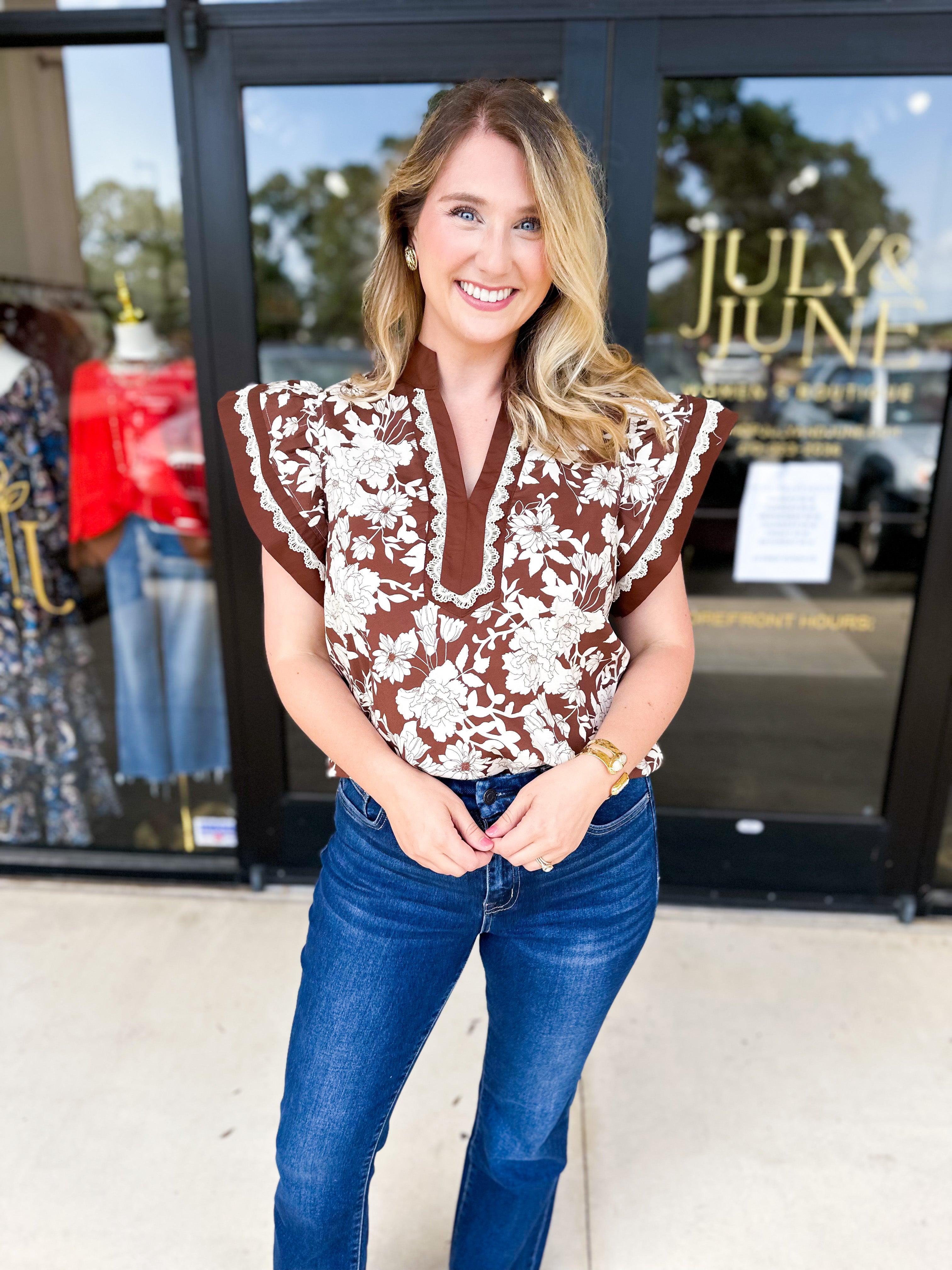 Mocha Floral Blouse-200 Fashion Blouses-ENTRO-July & June Women's Fashion Boutique Located in San Antonio, Texas
