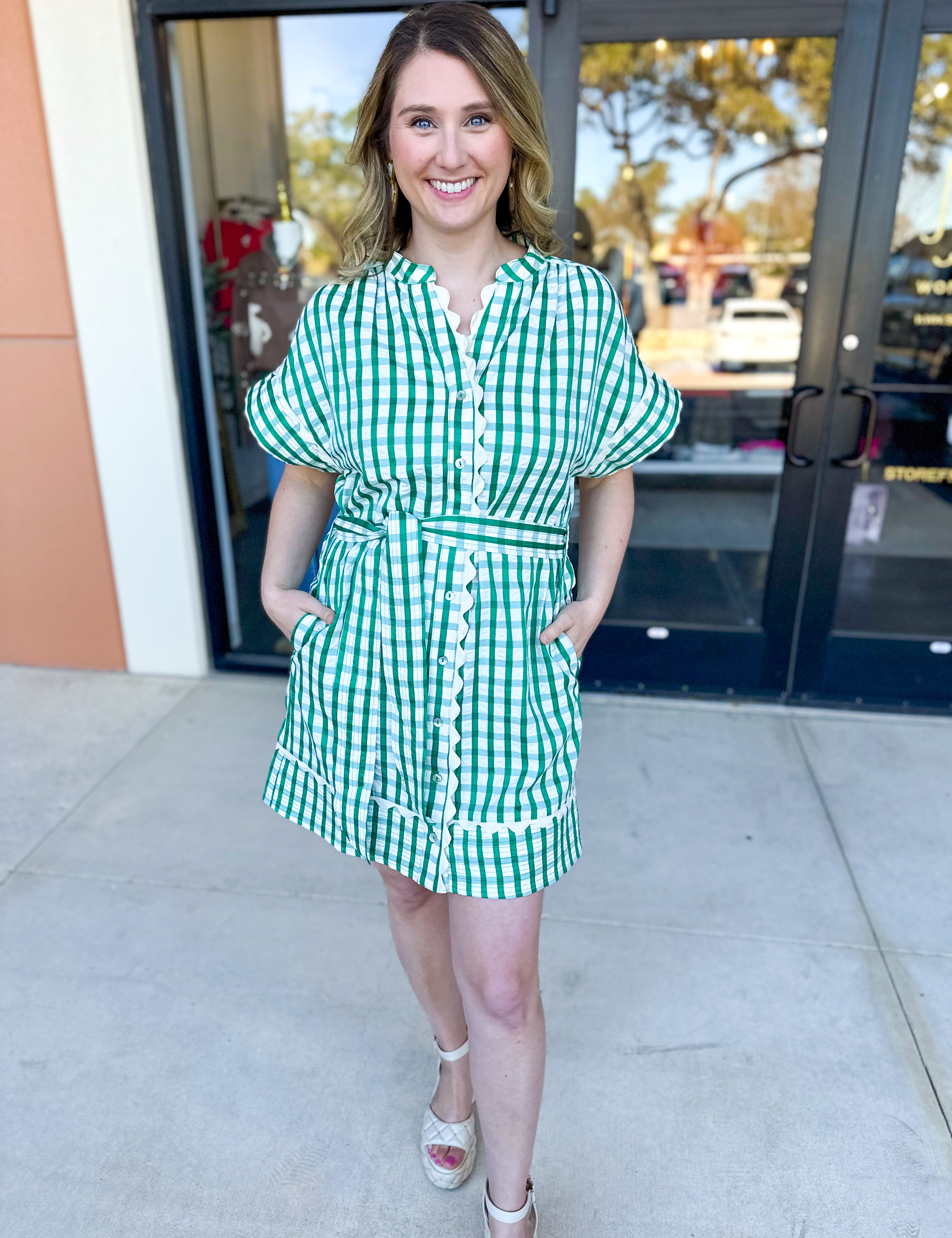 THML - Kelly Green Gingham Mini Dress-510 Mini-THML-July & June Women's Fashion Boutique Located in San Antonio, Texas