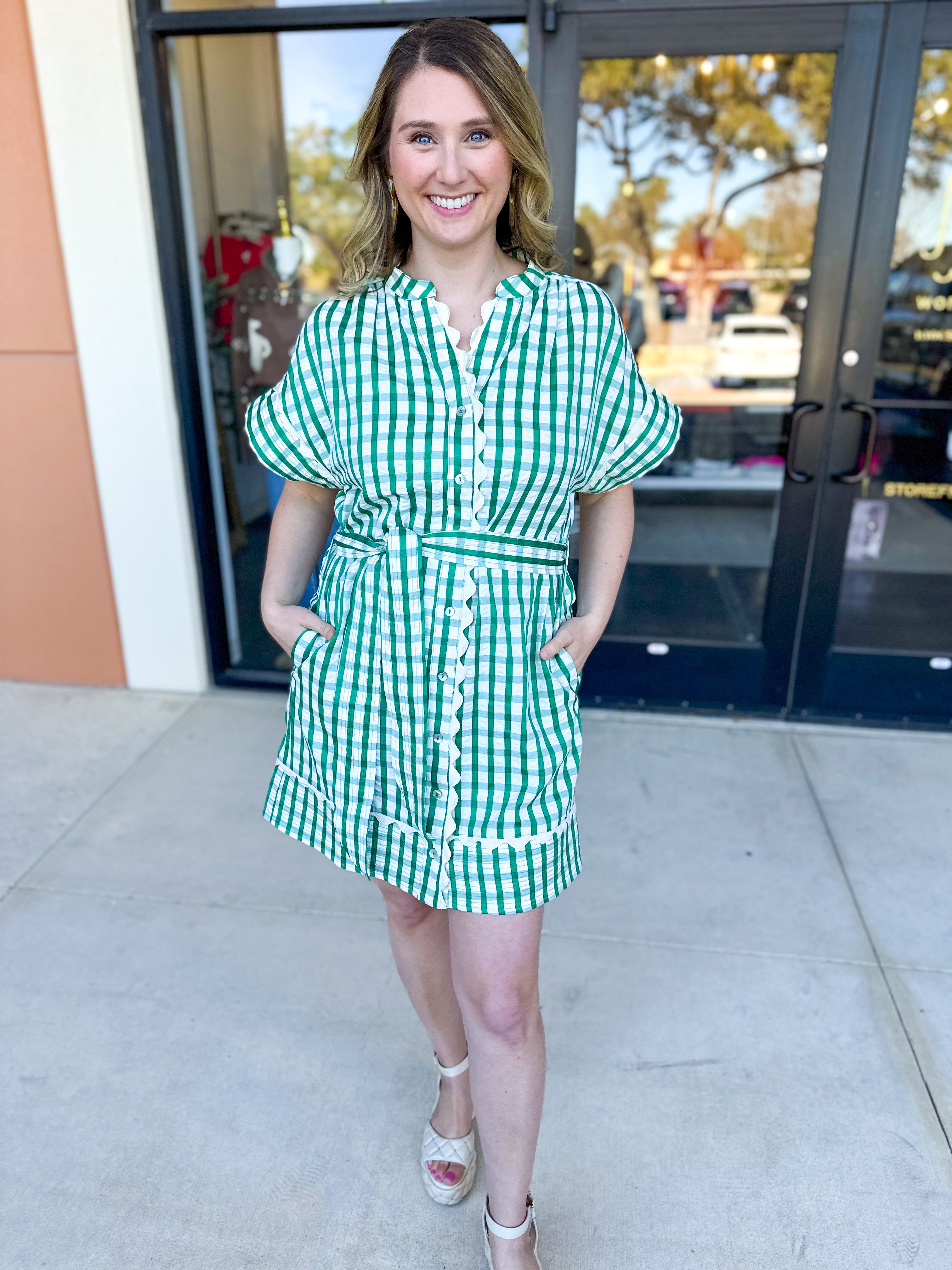 THML - Kelly Green Gingham Mini Dress-510 Mini-THML-July & June Women's Fashion Boutique Located in San Antonio, Texas