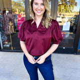 Pink Friday Doorbuster - Puff Sleeve Satin Blouse - Wine - IN STORE-PINK FRIDAY DOORBUSTERS-GLAM-July & June Women's Fashion Boutique Located in San Antonio, Texas
