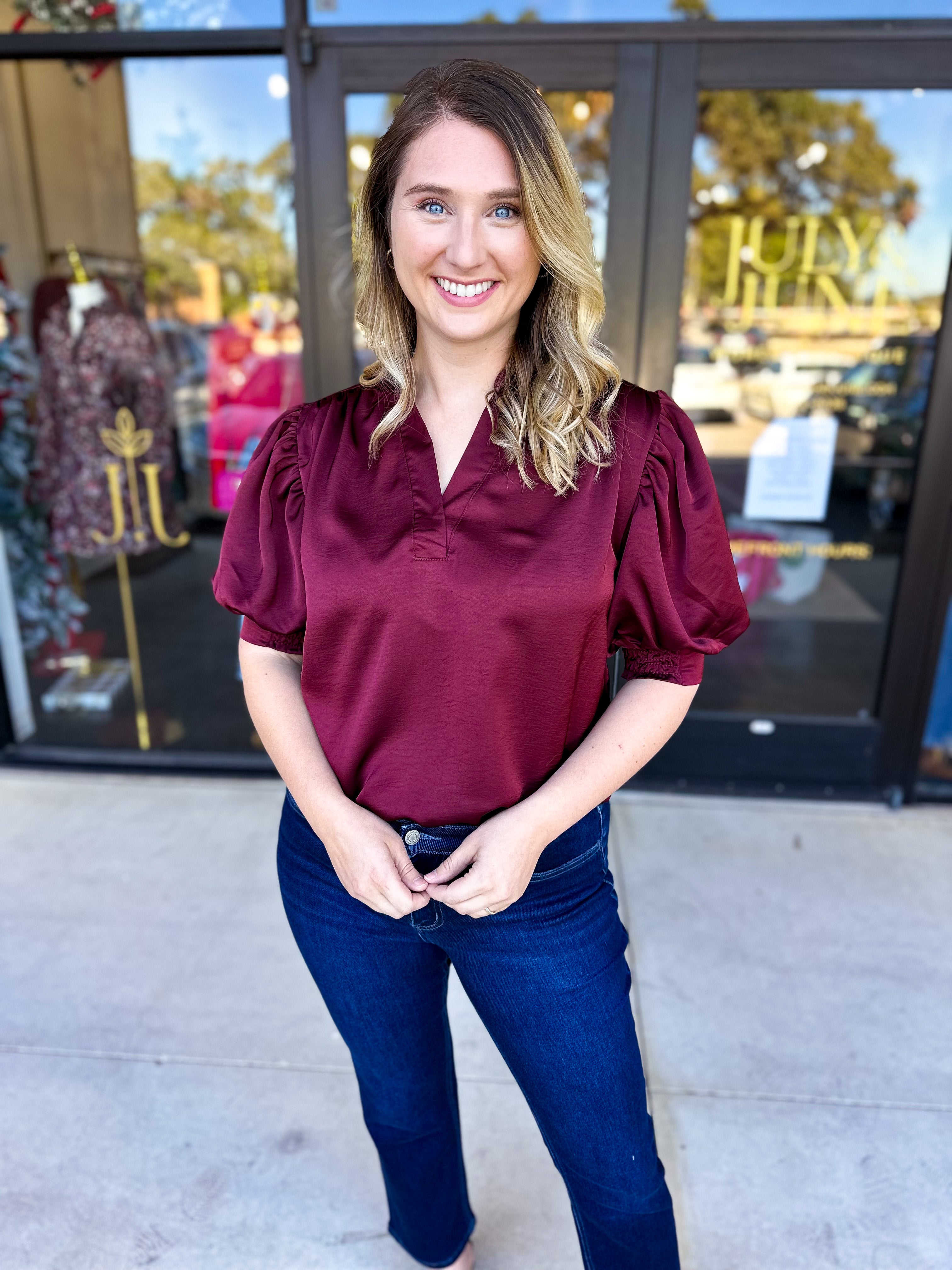 Pink Friday Doorbuster - Puff Sleeve Satin Blouse - Wine - IN STORE-PINK FRIDAY DOORBUSTERS-GLAM-July & June Women's Fashion Boutique Located in San Antonio, Texas