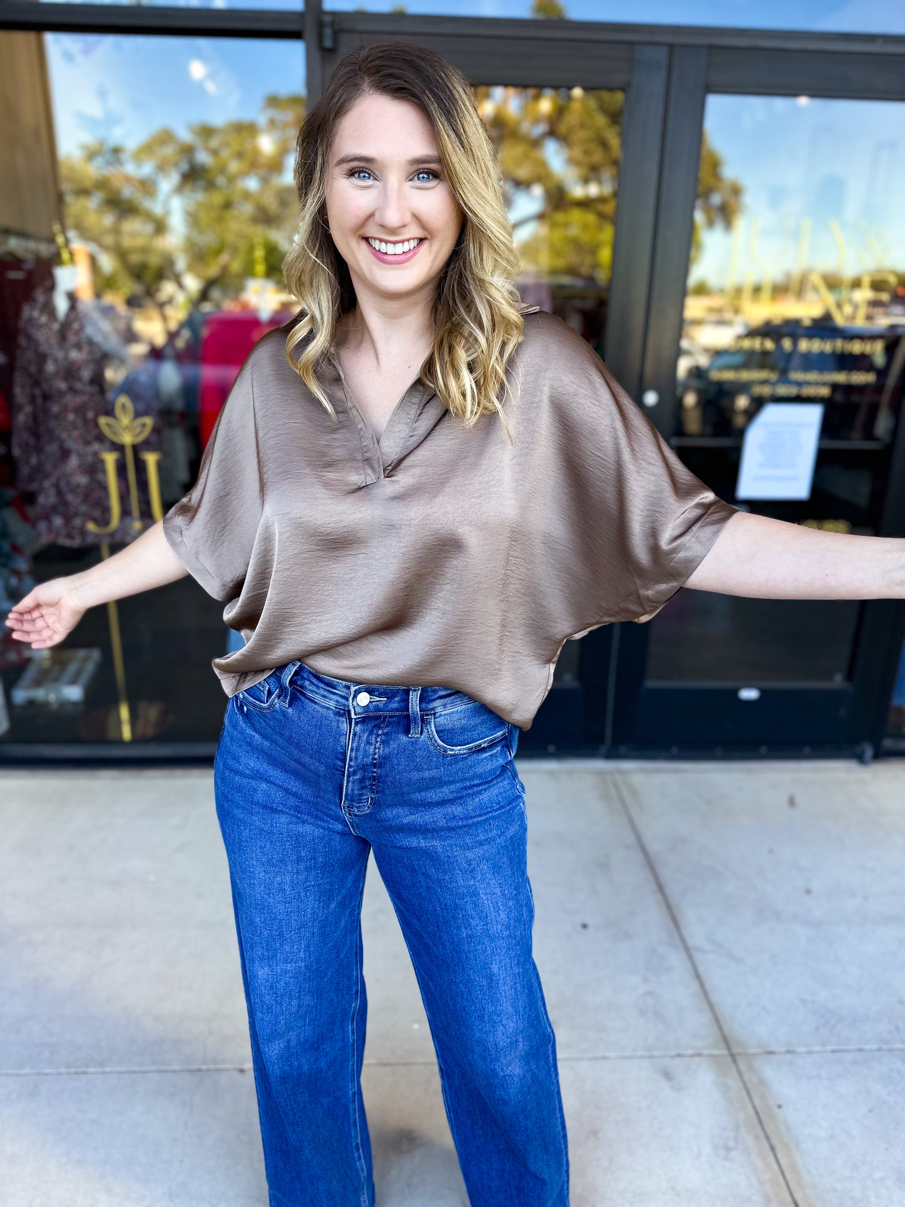 Pink Friday Doorbuster - Classic Satin Blouse - Mocha - ONLINE-PINK FRIDAY DOORBUSTERS-GLAM-July & June Women's Fashion Boutique Located in San Antonio, Texas