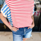 Blue & Red Colorblock Tee-210 Casual Blouses-PEACH LOVE-July & June Women's Fashion Boutique Located in San Antonio, Texas