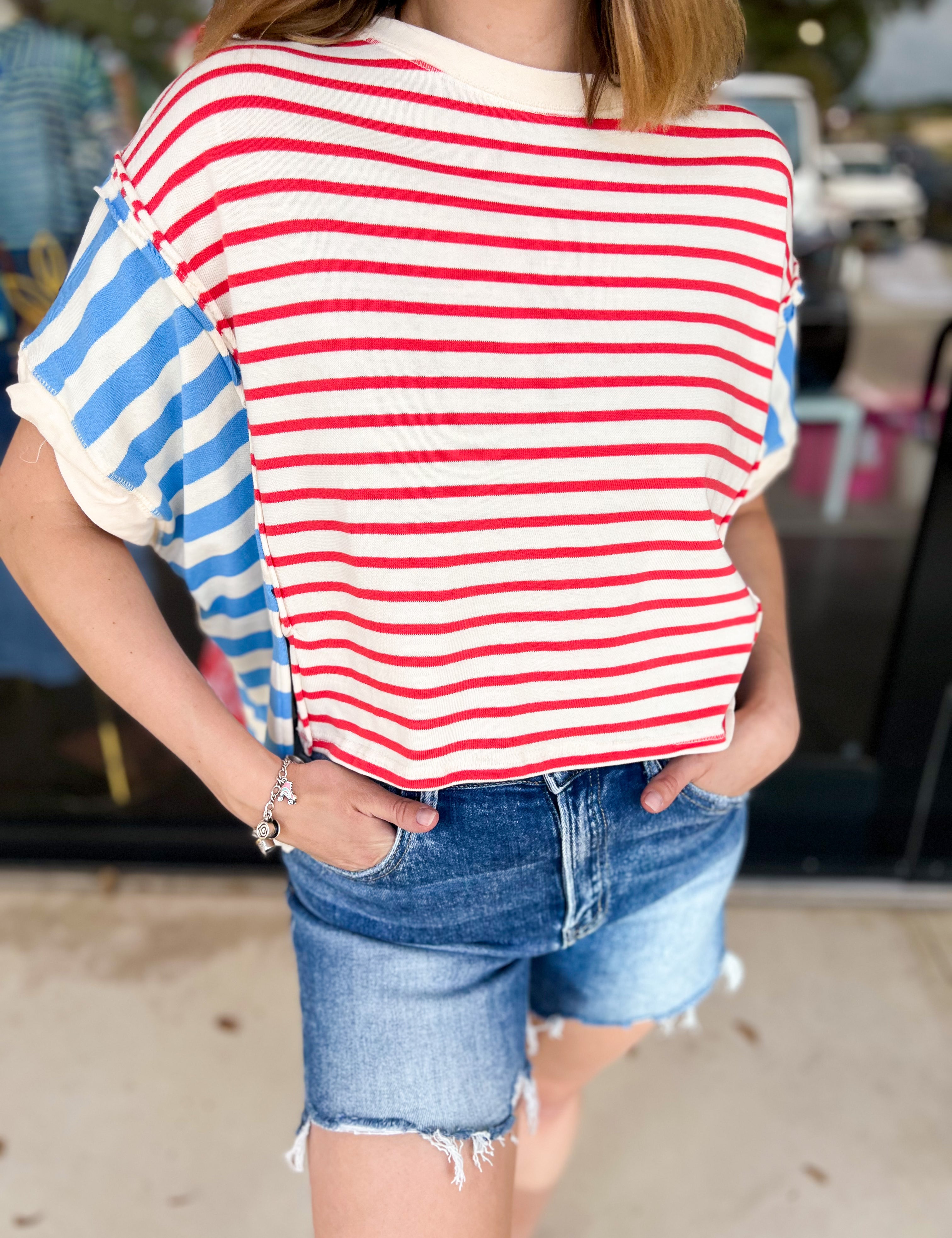 Blue & Red Colorblock Tee-210 Casual Blouses-PEACH LOVE-July & June Women's Fashion Boutique Located in San Antonio, Texas