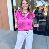 Current Air - Hot Pink Satin Blouse-200 Fashion Blouses-CURRENT AIR CLOTHING-July & June Women's Fashion Boutique Located in San Antonio, Texas