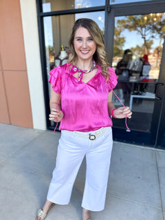 Current Air - Hot Pink Satin Blouse-200 Fashion Blouses-CURRENT AIR CLOTHING-July & June Women's Fashion Boutique Located in San Antonio, Texas