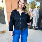 Studded Black Blouse-200 Fashion Blouses-TCEC-July & June Women's Fashion Boutique Located in San Antonio, Texas