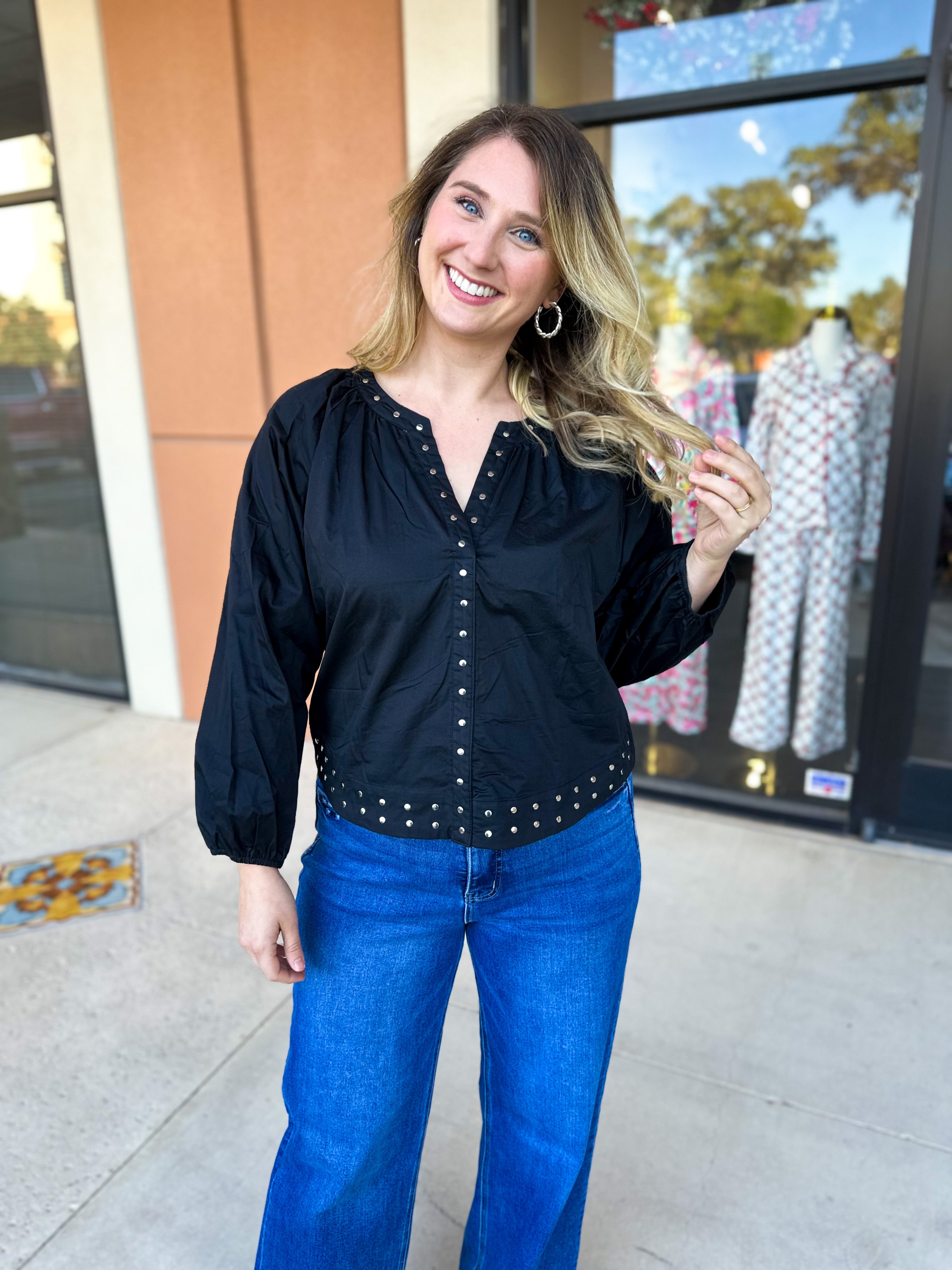 Studded Black Blouse-200 Fashion Blouses-TCEC-July & June Women's Fashion Boutique Located in San Antonio, Texas
