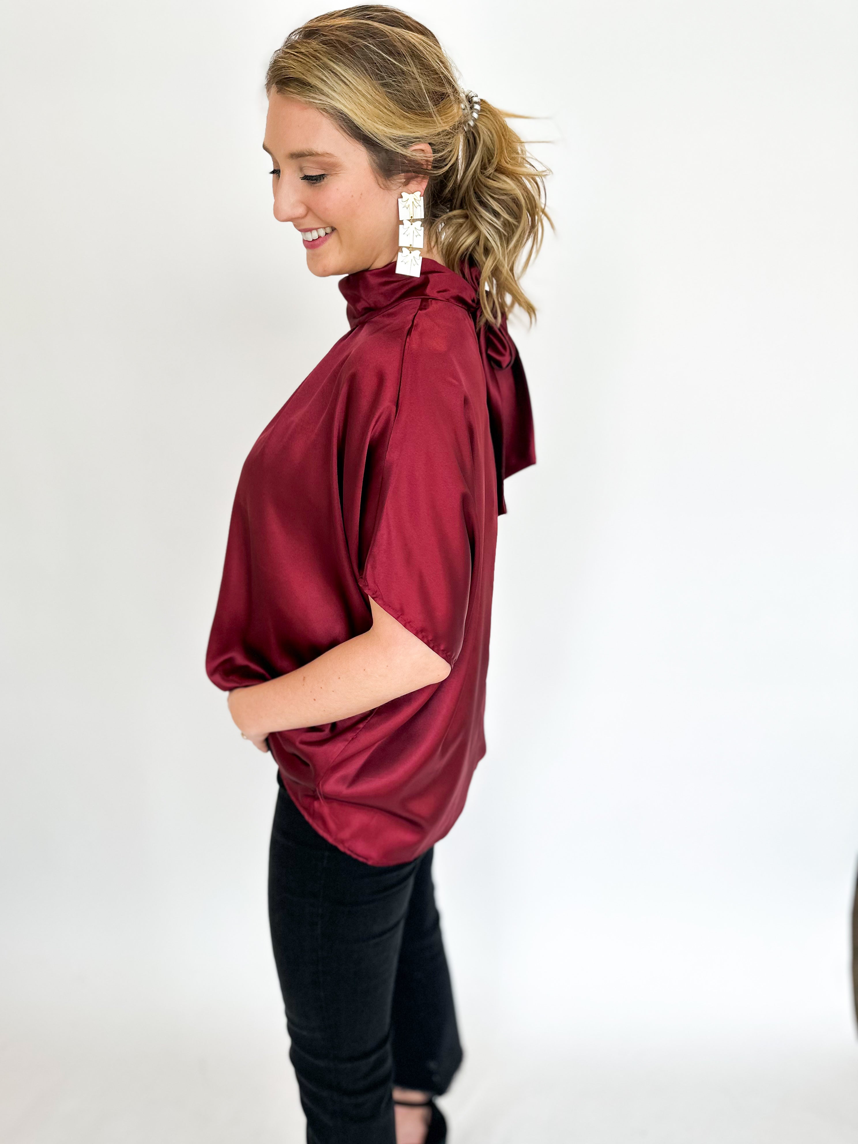 Charming Satin Blouse - Wine-200 Fashion Blouses-ADRIENNE-July & June Women's Fashion Boutique Located in San Antonio, Texas