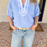 Seersucker Sweet Blouse - Light Blue-200 Fashion Blouses-ENTRO-July & June Women's Fashion Boutique Located in San Antonio, Texas