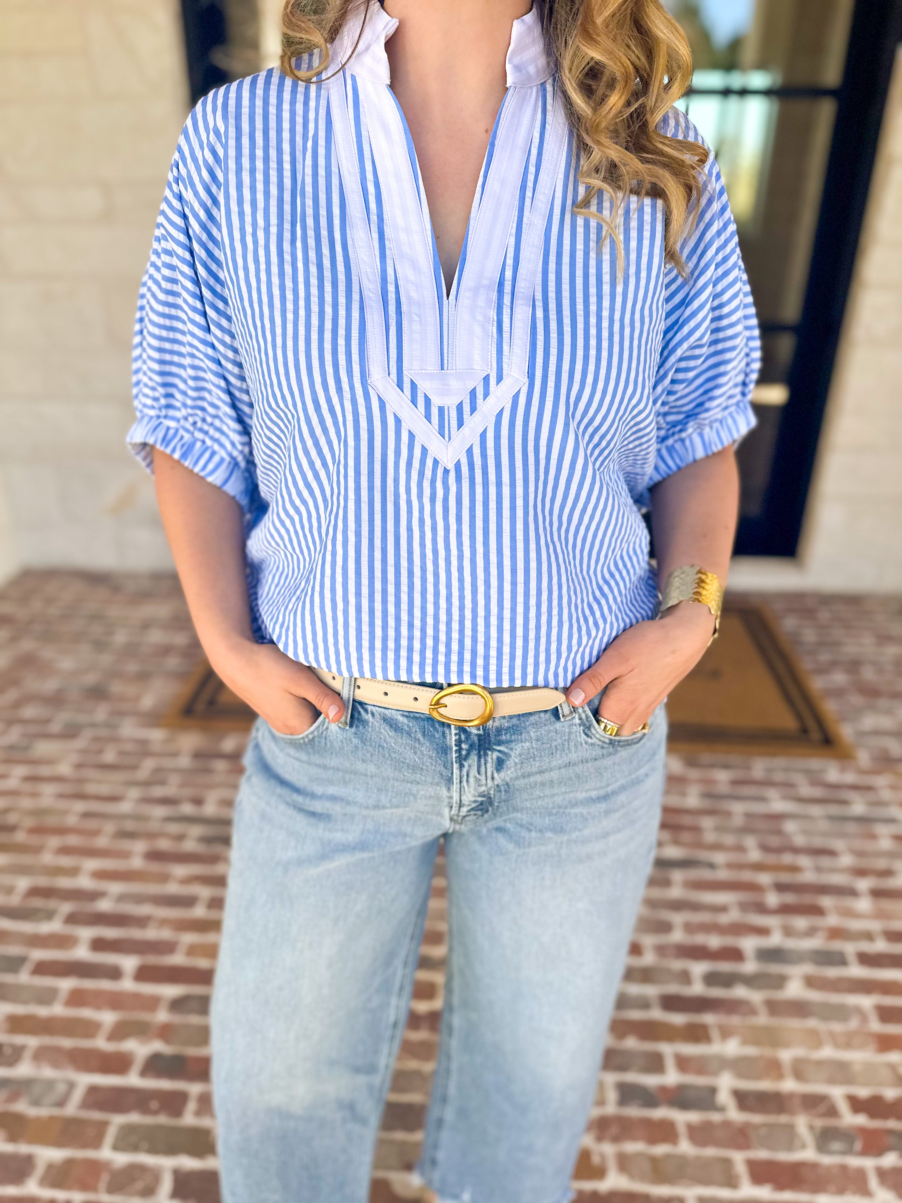 Seersucker Sweet Blouse - Light Blue-200 Fashion Blouses-ENTRO-July & June Women's Fashion Boutique Located in San Antonio, Texas