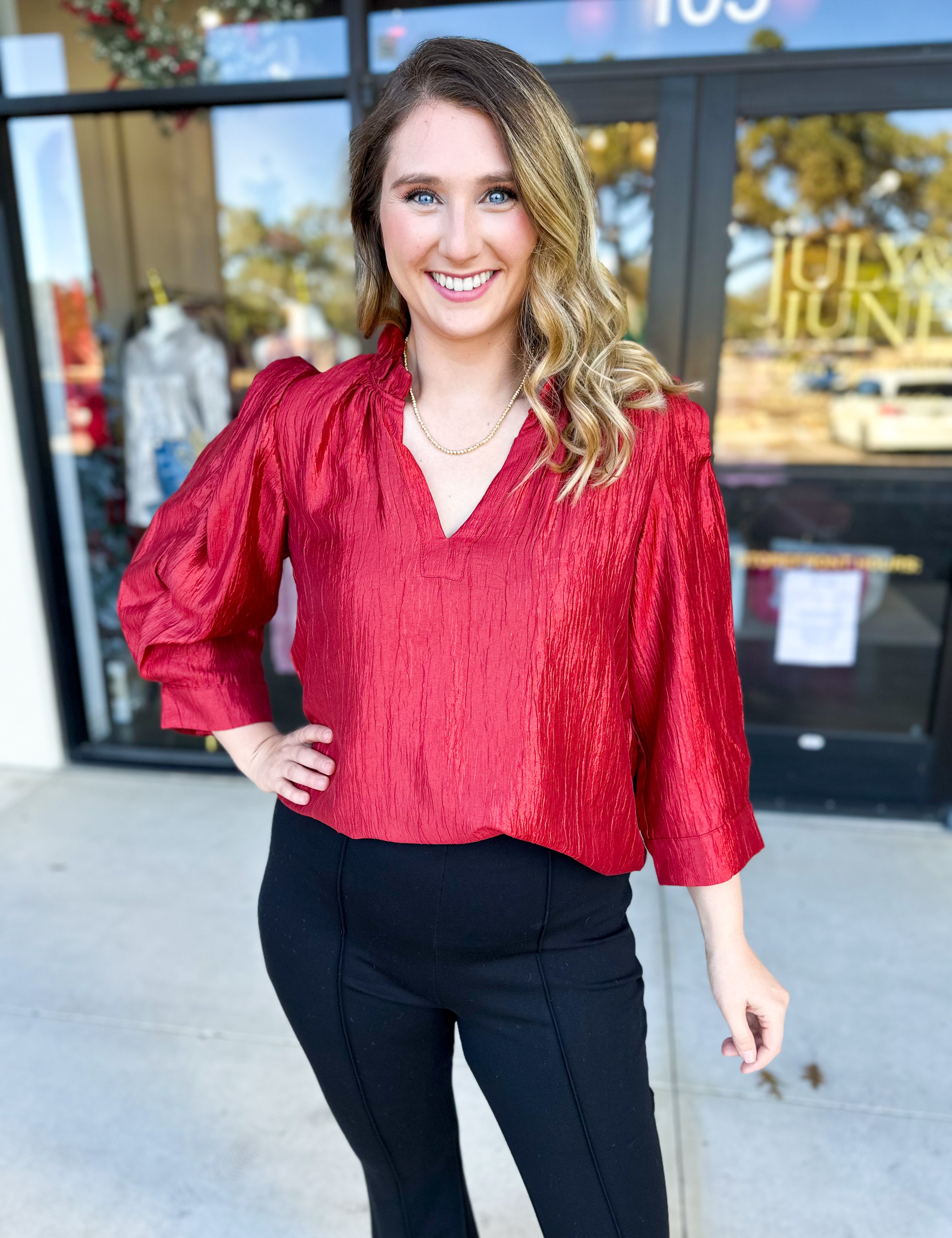 THML - Cherry Red Sheen Blouse-200 Fashion Blouses-THML-July & June Women's Fashion Boutique Located in San Antonio, Texas
