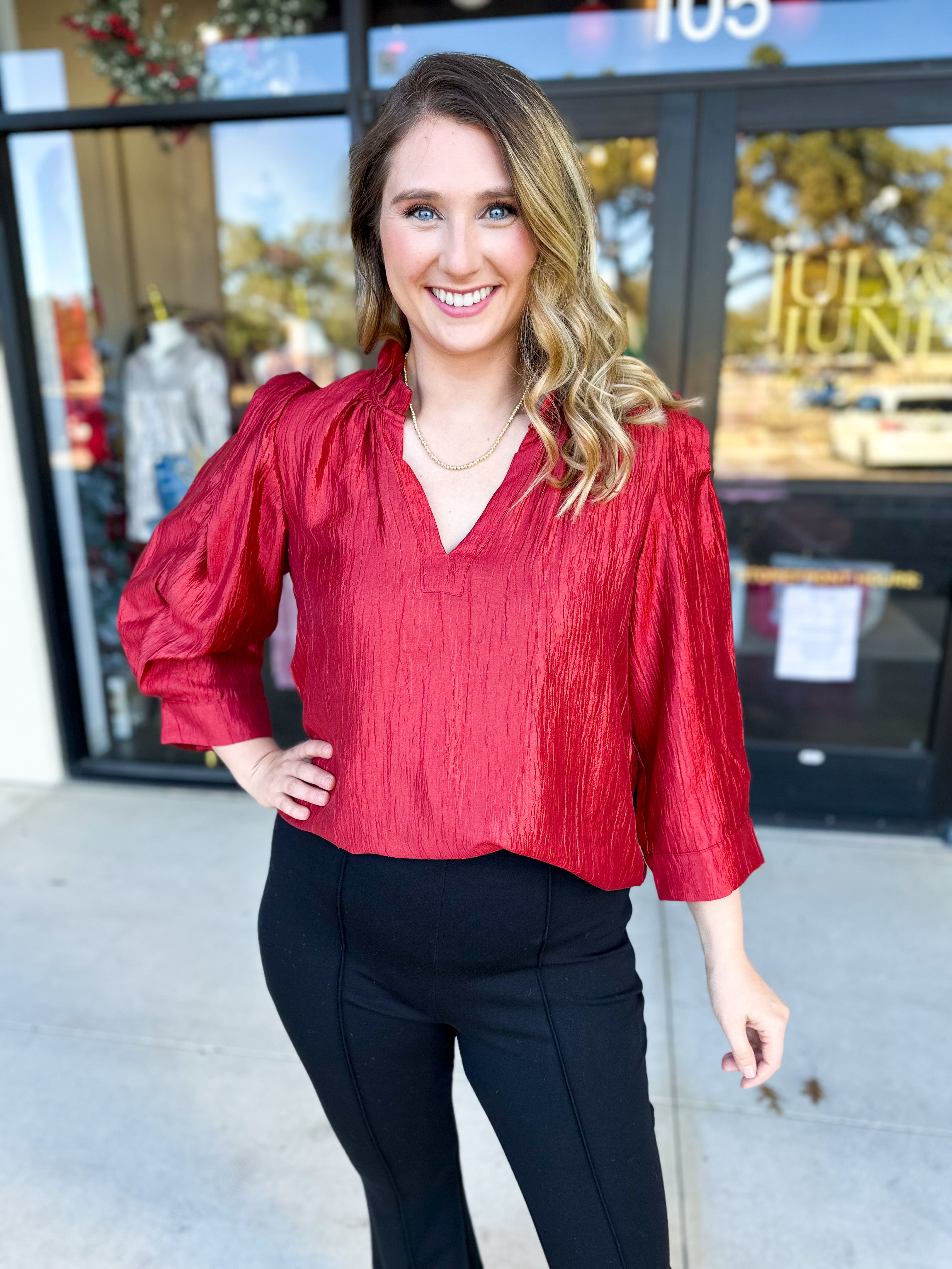 THML - Cherry Red Sheen Blouse-200 Fashion Blouses-THML-July & June Women's Fashion Boutique Located in San Antonio, Texas