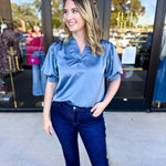 Pink Friday Doorbuster - Puff Sleeve Satin Blouse - Slate - IN STORE-PINK FRIDAY DOORBUSTERS-GLAM-July & June Women's Fashion Boutique Located in San Antonio, Texas