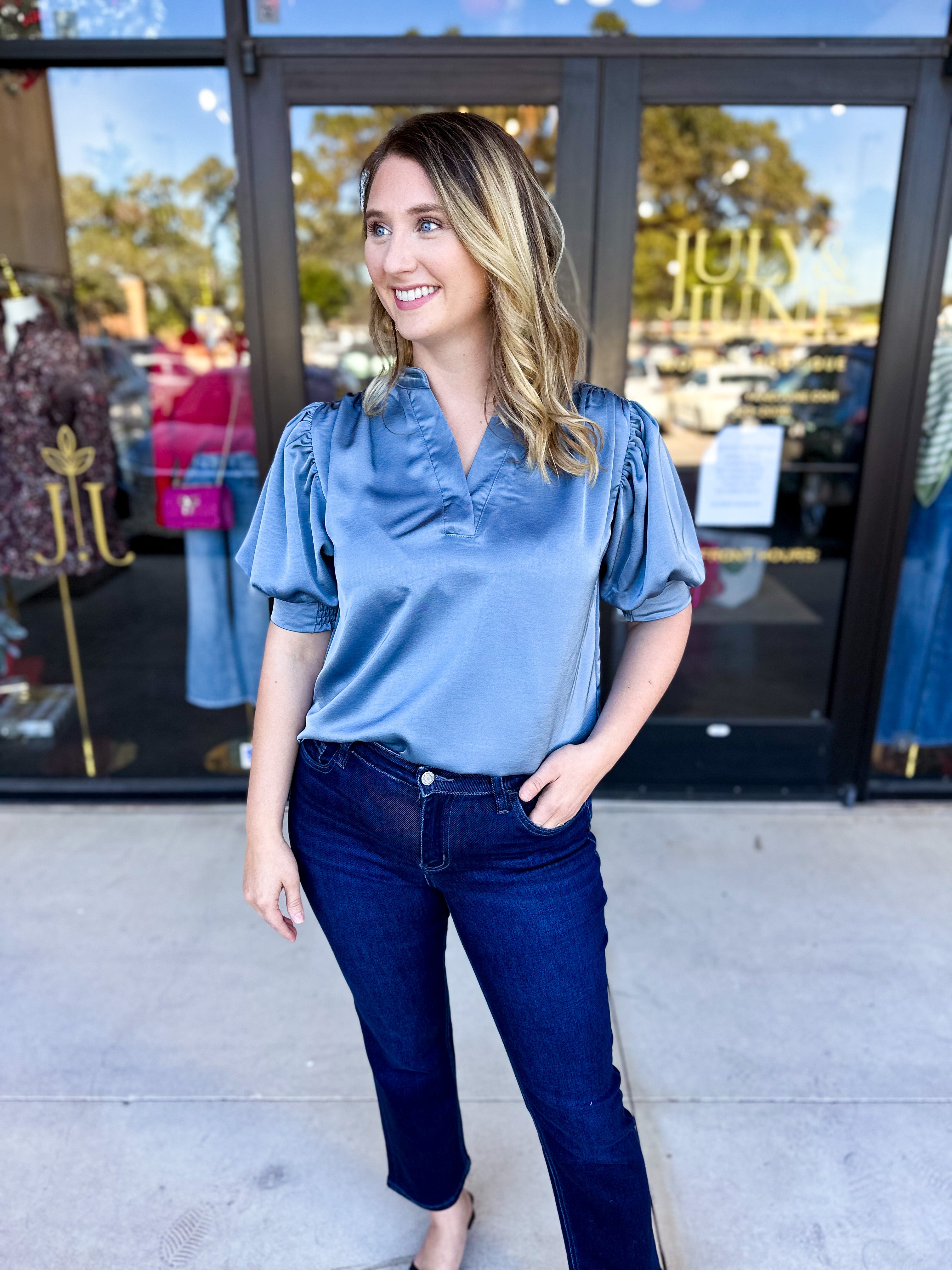 Pink Friday Doorbuster - Puff Sleeve Satin Blouse - Slate - IN STORE-PINK FRIDAY DOORBUSTERS-GLAM-July & June Women's Fashion Boutique Located in San Antonio, Texas