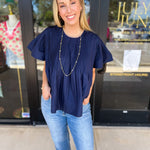 Navy Flutter Blouse-200 Fashion Blouses-PINCH-July & June Women's Fashion Boutique Located in San Antonio, Texas