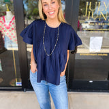 Navy Flutter Blouse-200 Fashion Blouses-PINCH-July & June Women's Fashion Boutique Located in San Antonio, Texas