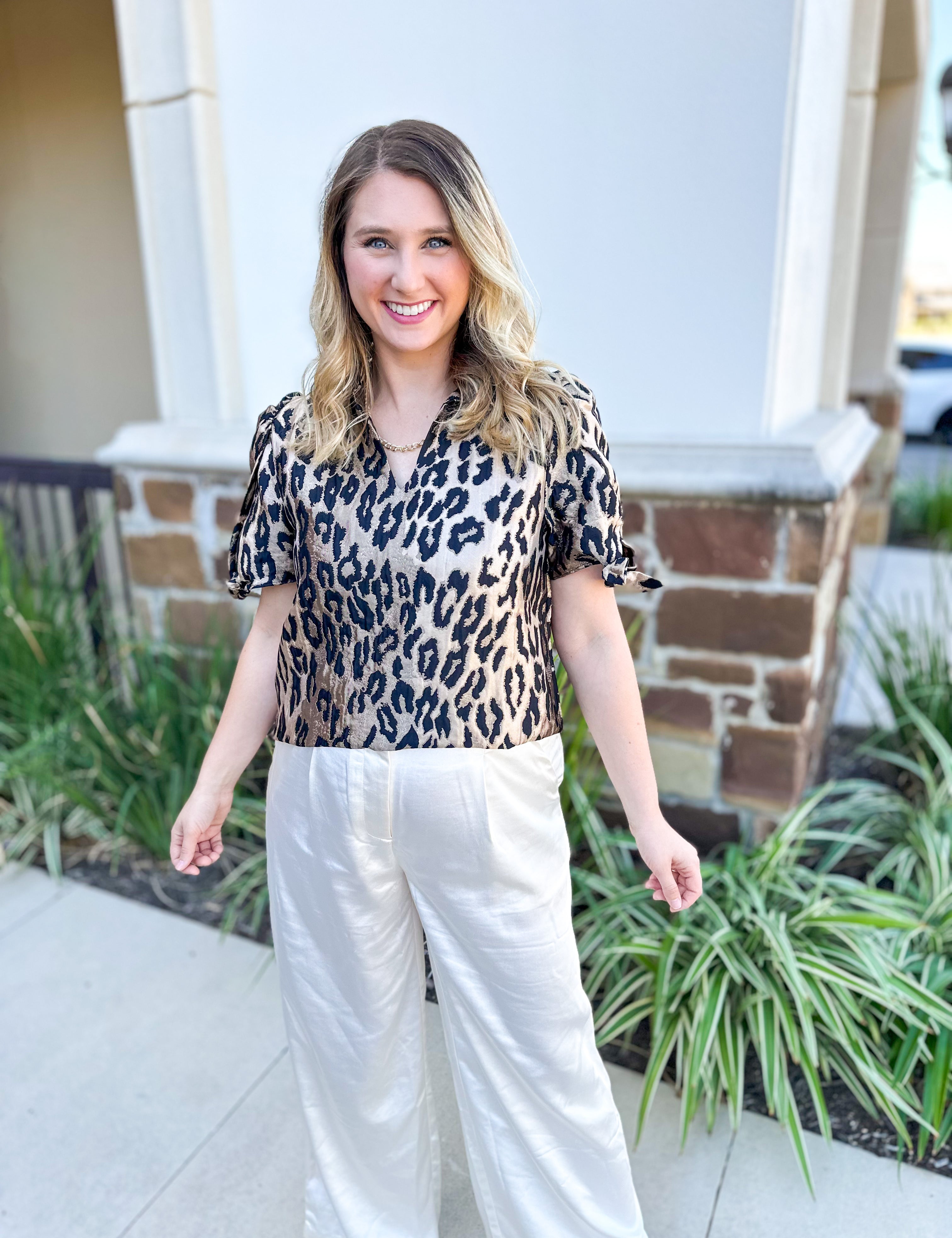 THML - Metallic Cheetah Blouse-200 Fashion Blouses-THML-July & June Women's Fashion Boutique Located in San Antonio, Texas