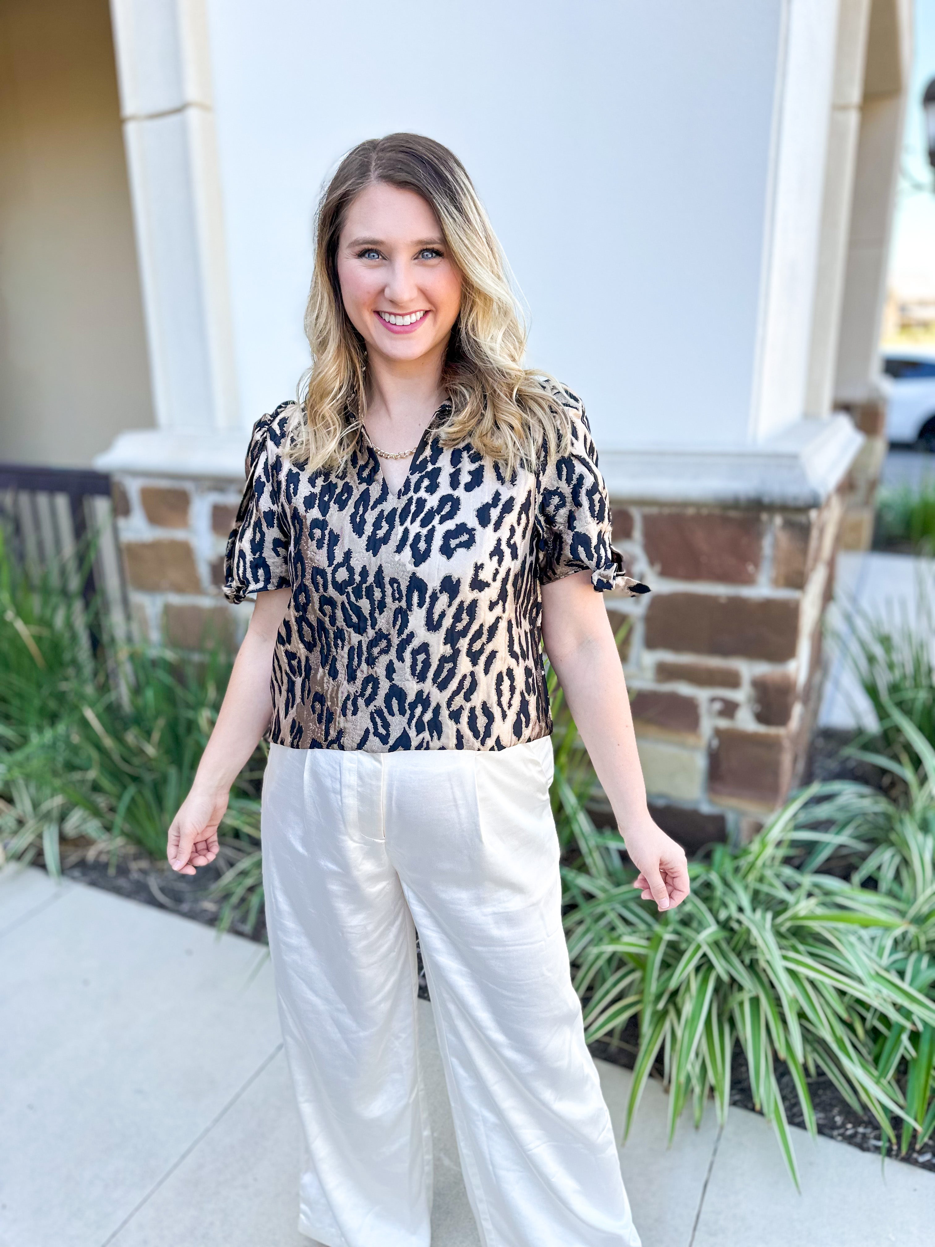 THML - Metallic Cheetah Blouse-200 Fashion Blouses-THML-July & June Women's Fashion Boutique Located in San Antonio, Texas