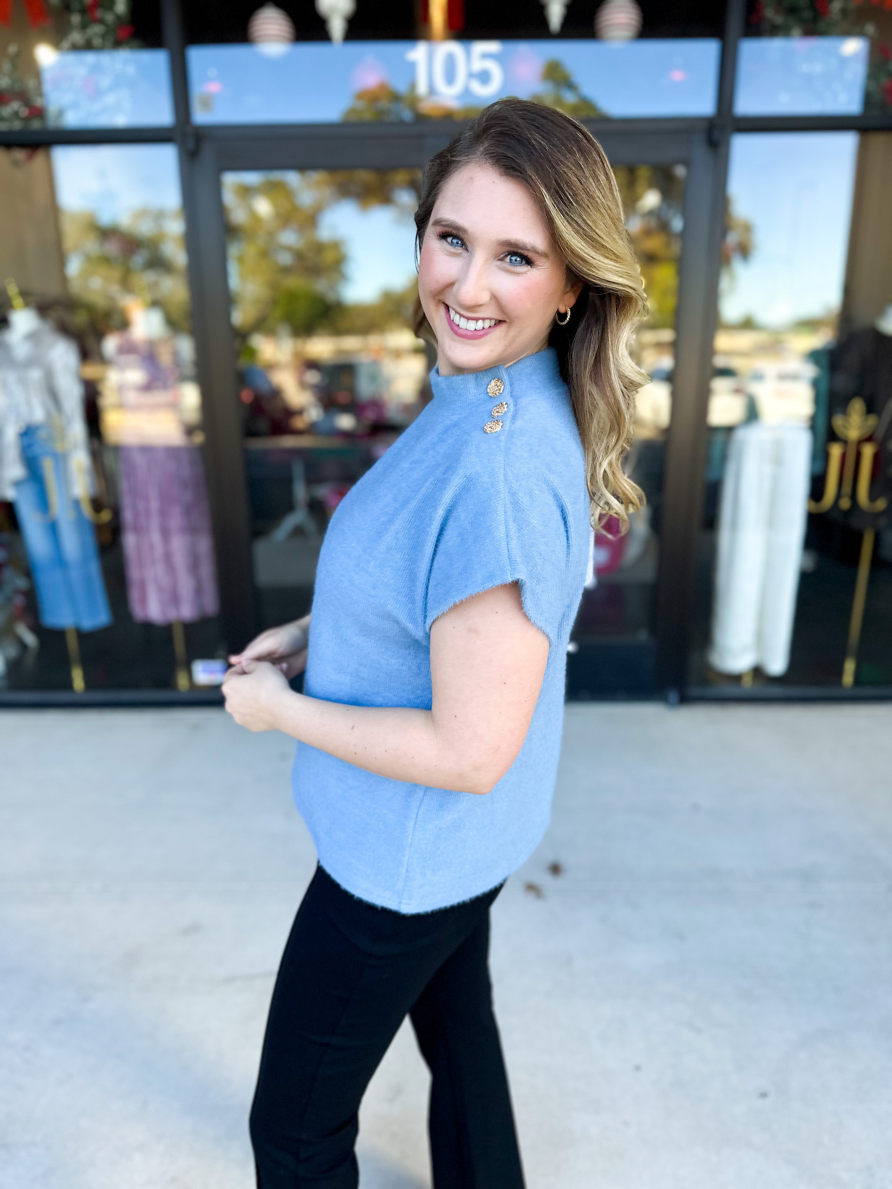 THML - Mock Neck Fuzzy Sweater Top - Ice Blue-230 Sweaters/Cardis-THML-July & June Women's Fashion Boutique Located in San Antonio, Texas