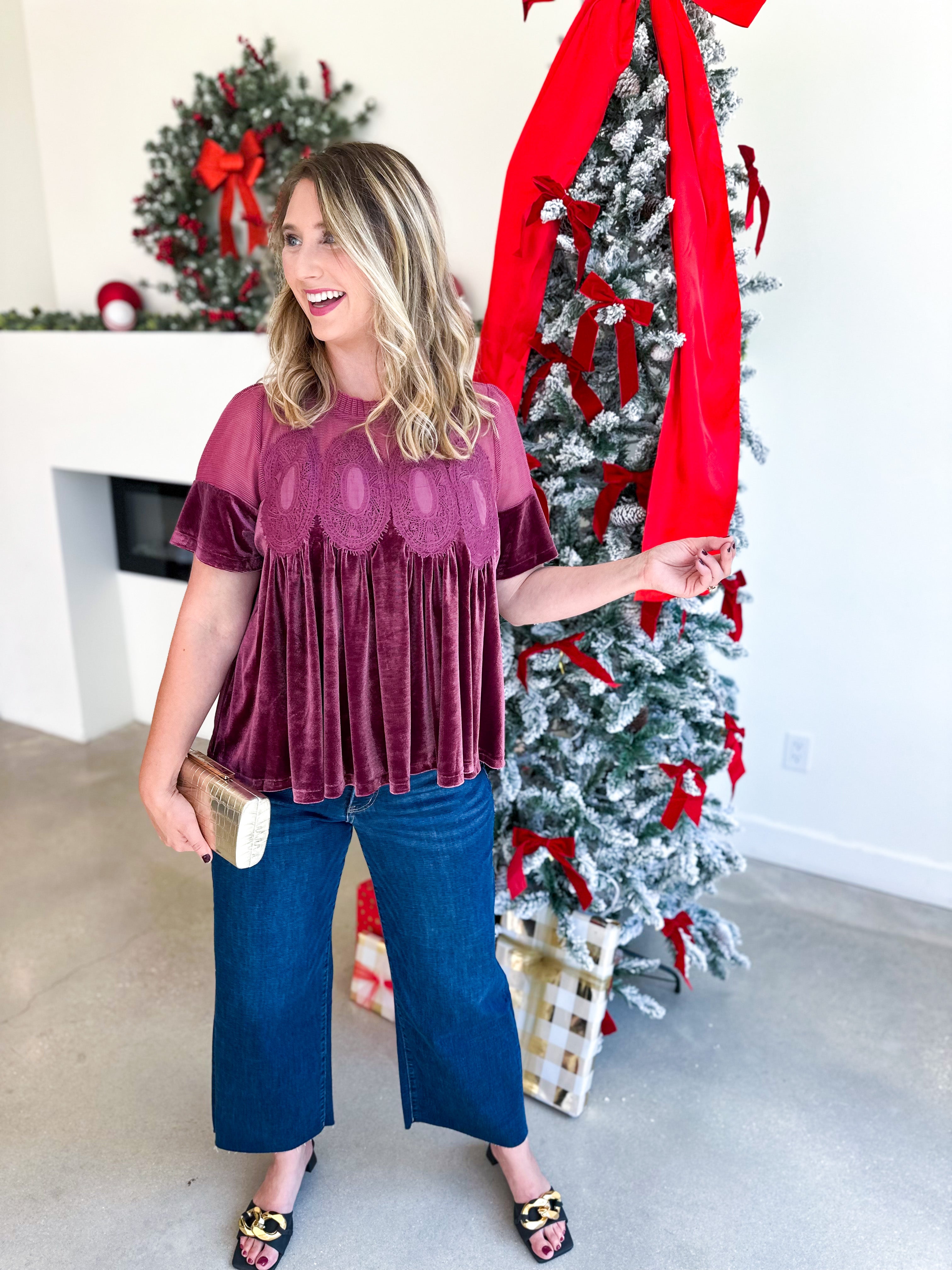 Lace Details Velvet Blouse - Pink-200 Fashion Blouses-FATE-July & June Women's Fashion Boutique Located in San Antonio, Texas