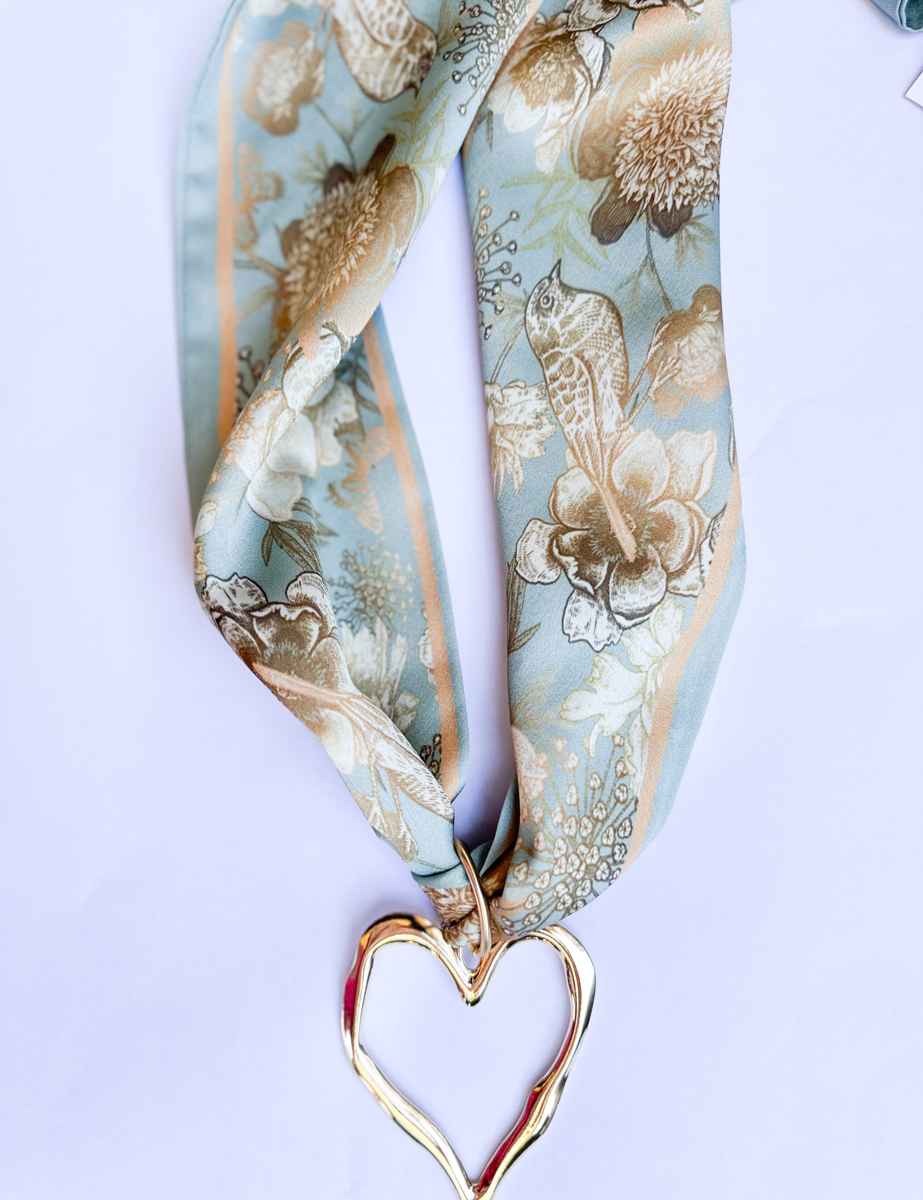 Scarf Necklace - Light Sage & Vintage Floral Large Heart-110 Jewelry & Hair-HART DESIGNS-July & June Women's Fashion Boutique Located in San Antonio, Texas