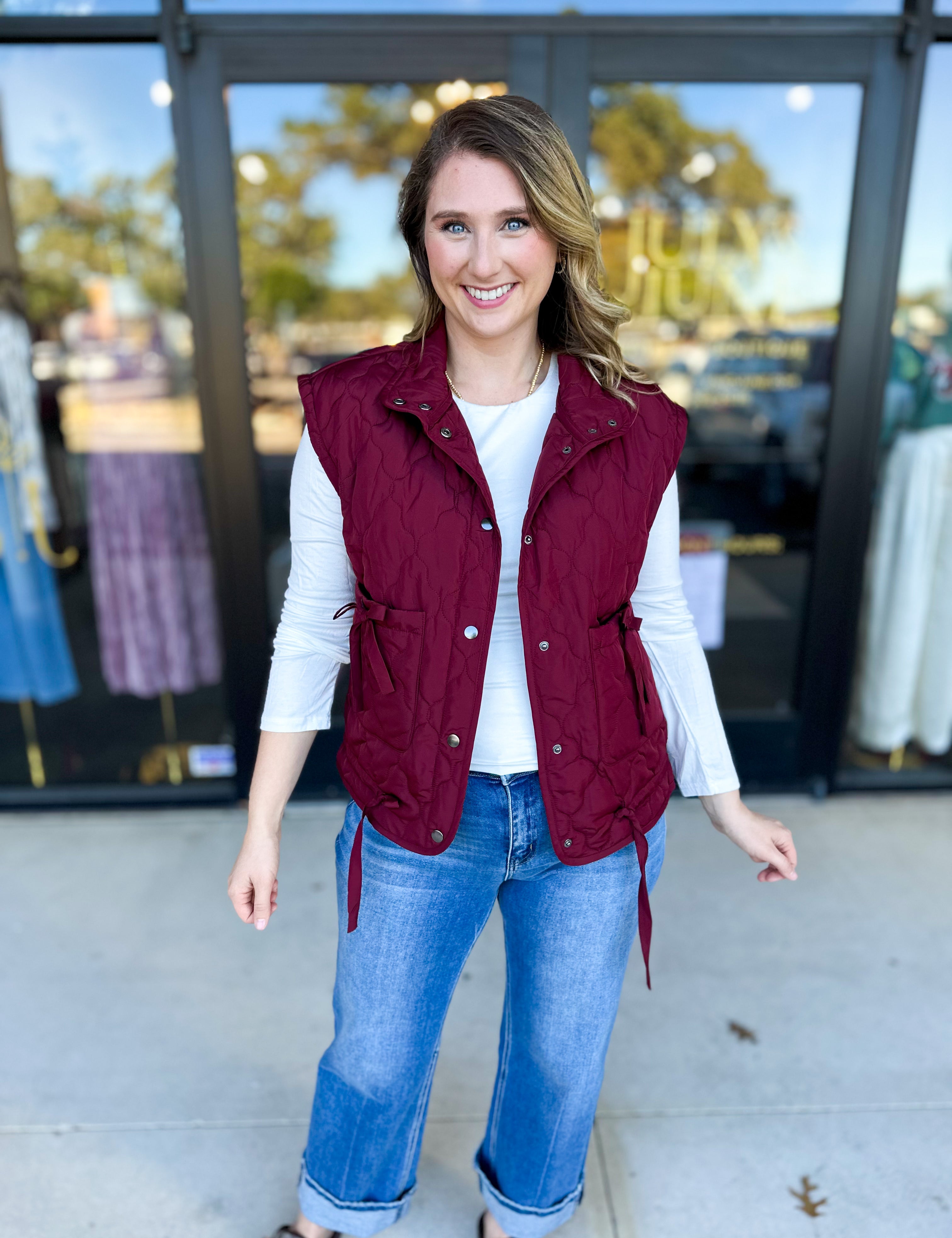 Quilted Bow Vest - Burgundy-600 Outerwear-BLU PEPPER-July & June Women's Fashion Boutique Located in San Antonio, Texas